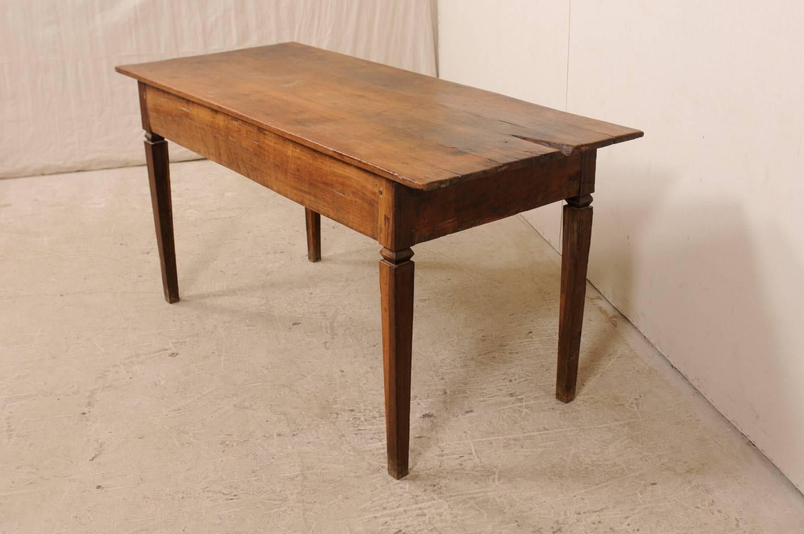 Rustic Brazilian 19th Century Carved Peroba Wood Table with Elegant Tapered Legs