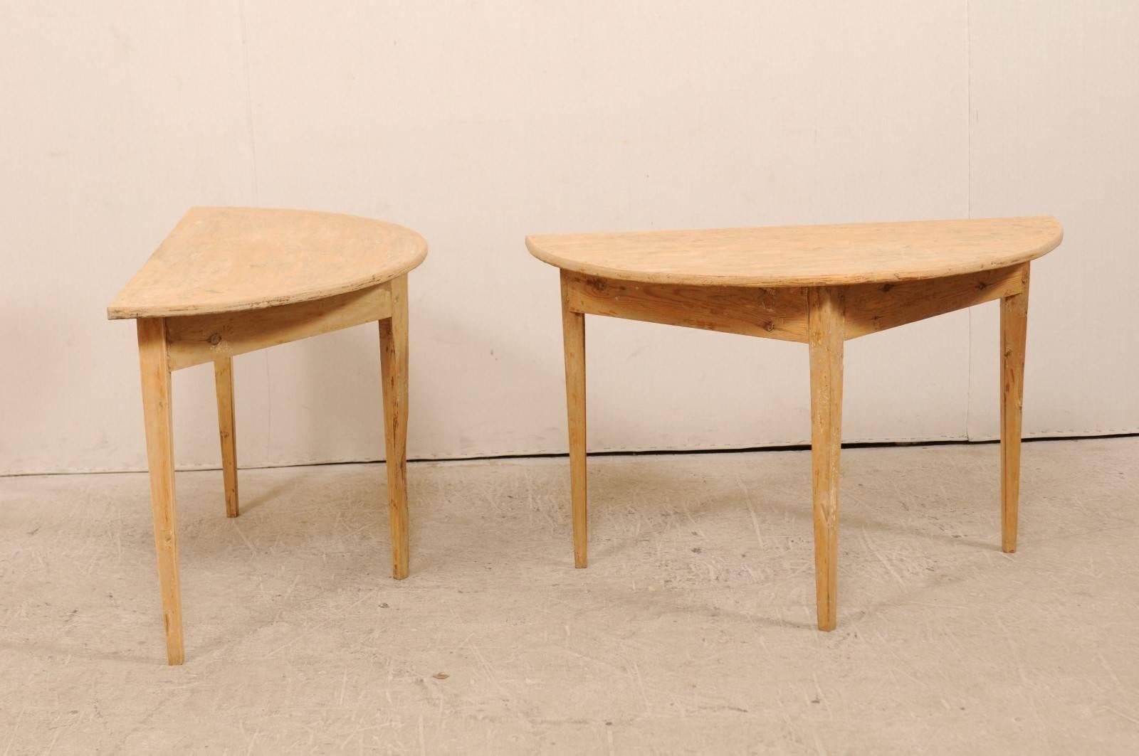 Pair of 19th Century Wood Demilune Tables in Warm Painted Taupe Finish In Good Condition In Atlanta, GA