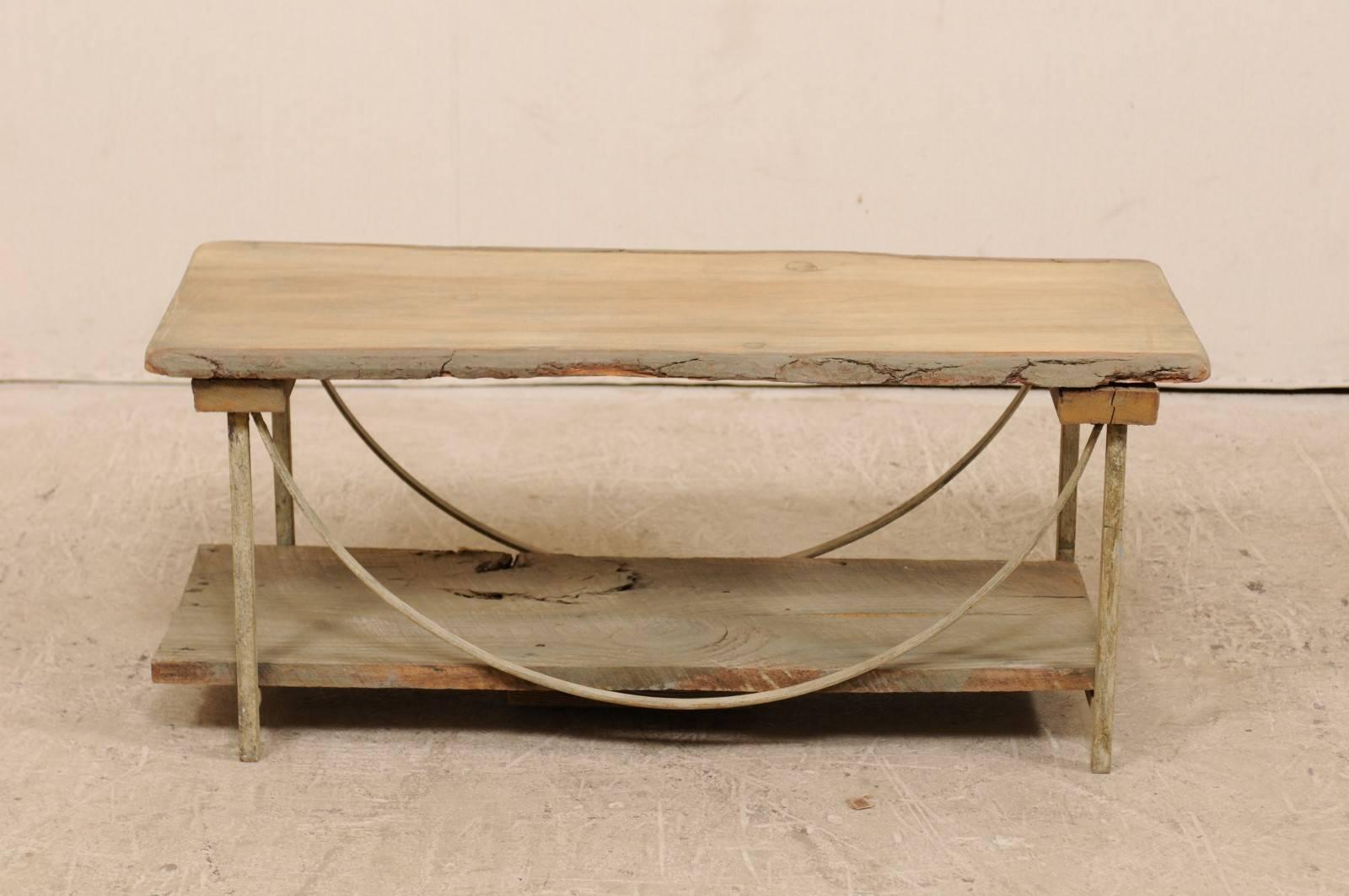 Vintage Sycamore Wood and Painted Iron Rustic Coffee Table in Beige Neutrals 2