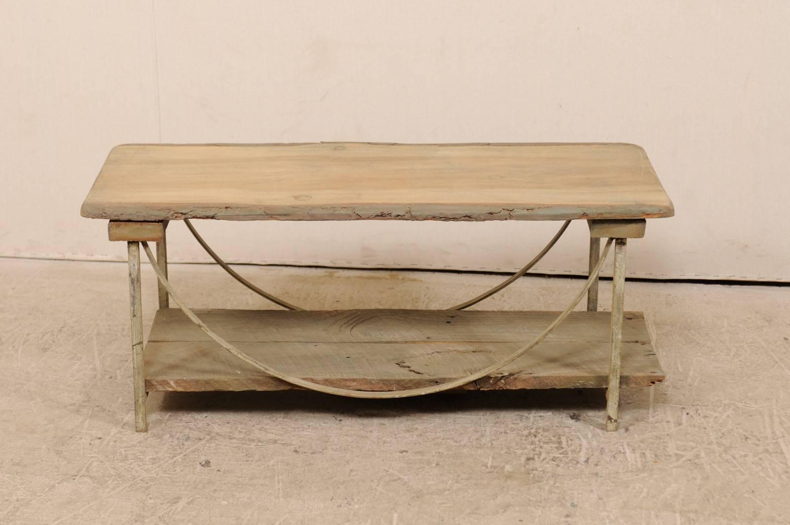 American Vintage Sycamore Wood and Painted Iron Rustic Coffee Table in Beige Neutrals