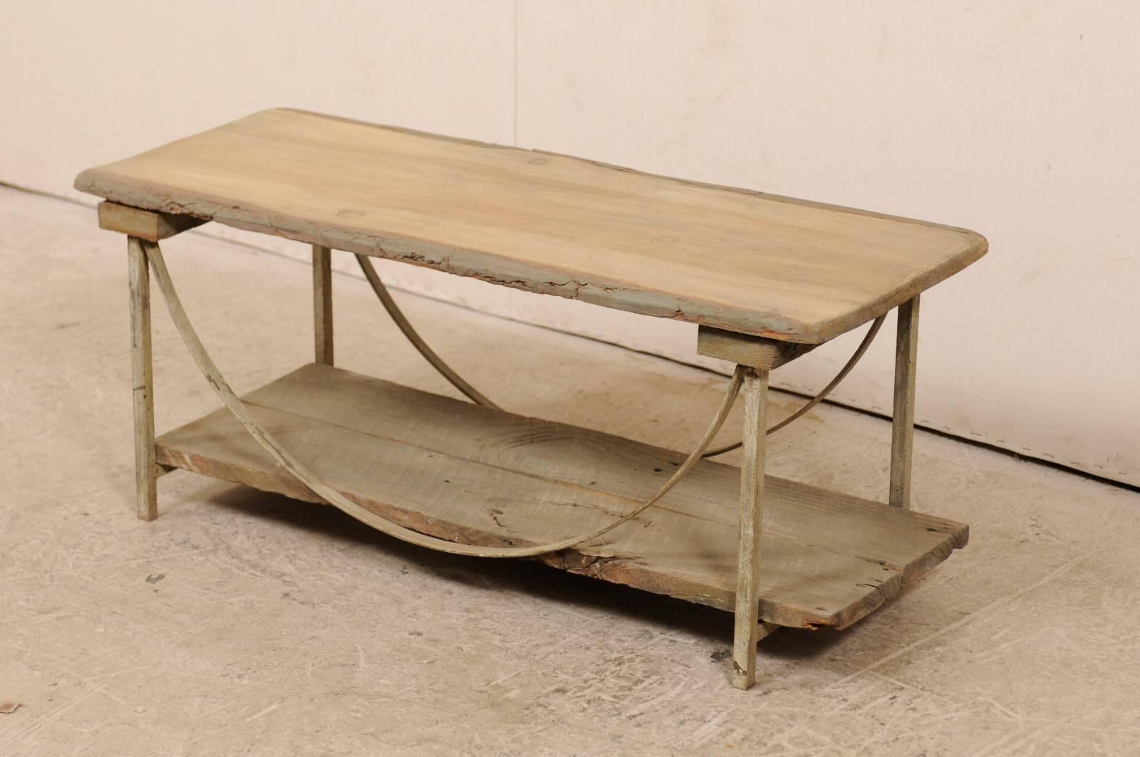 Carved Vintage Sycamore Wood and Painted Iron Rustic Coffee Table in Beige Neutrals