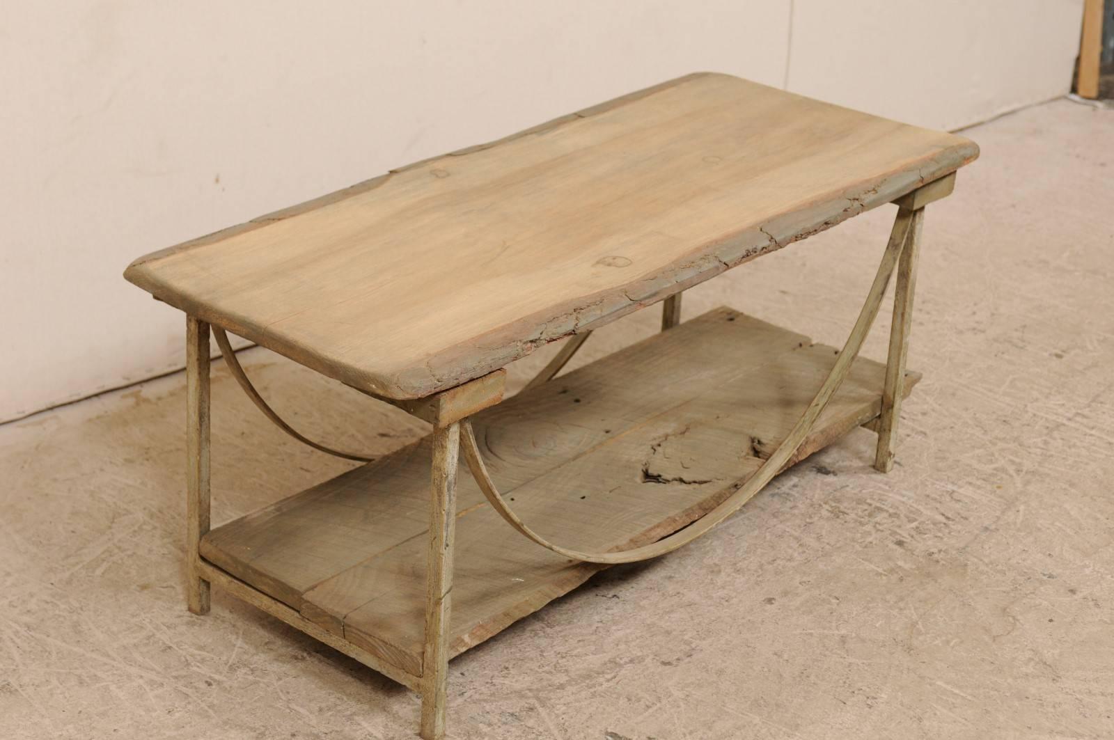 Vintage Sycamore Wood and Painted Iron Rustic Coffee Table in Beige Neutrals 1