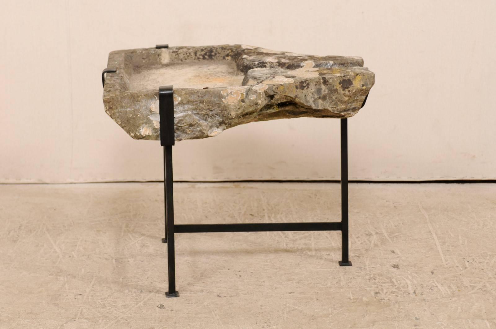 Rustic Early 19th Century French Stone Trough Coffee Table on Custom Black Iron Base