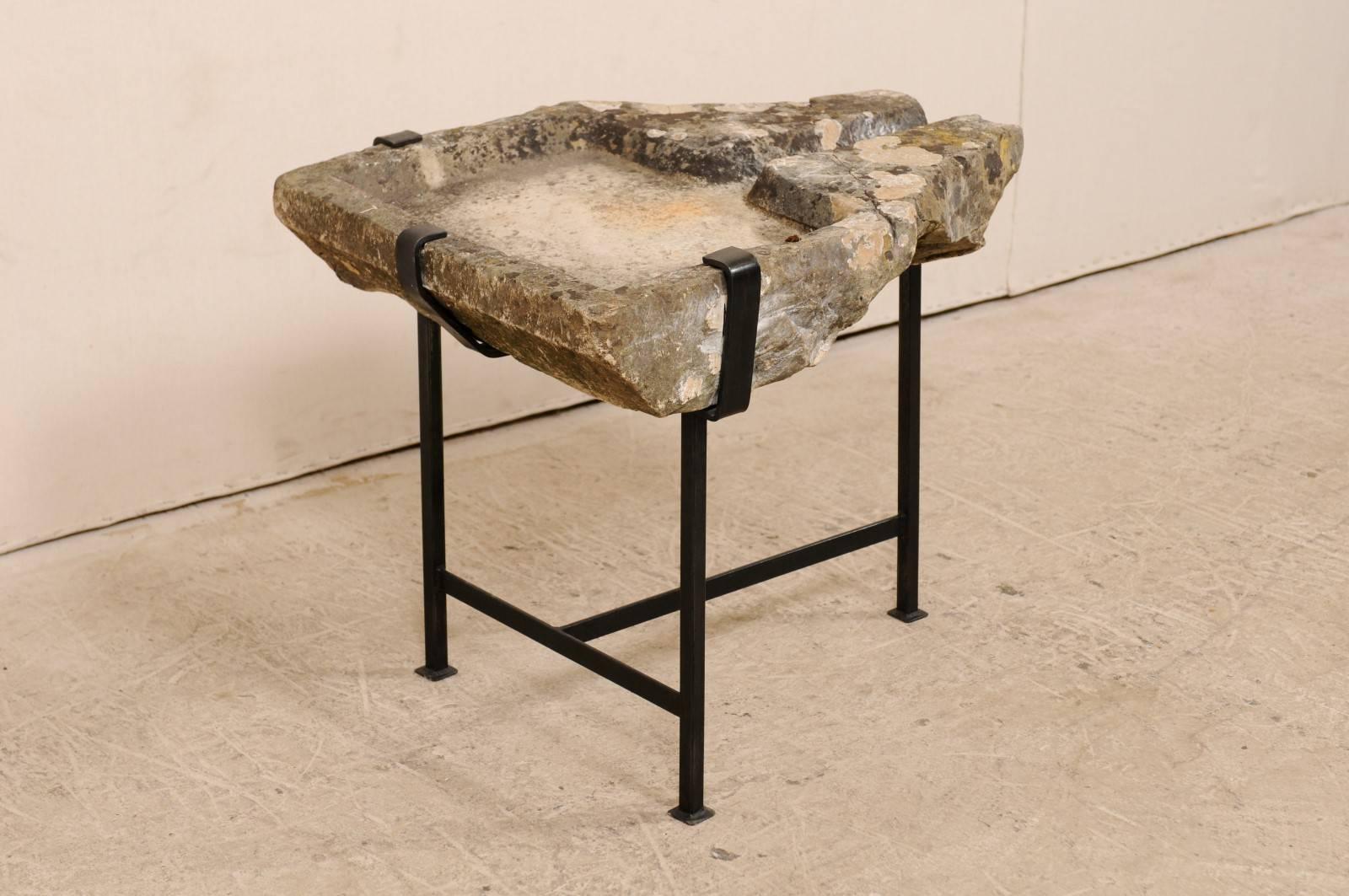 Early 19th Century French Stone Trough Coffee Table on Custom Black Iron Base In Good Condition In Atlanta, GA