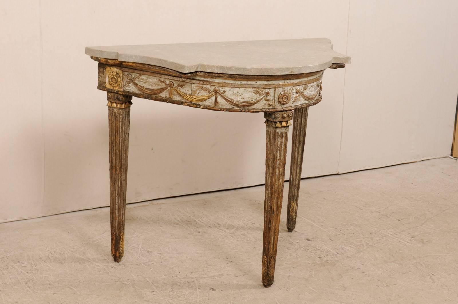 Carved Exquisite Italian 18th Century Giltwood Demilune with Fossilized Granite Top