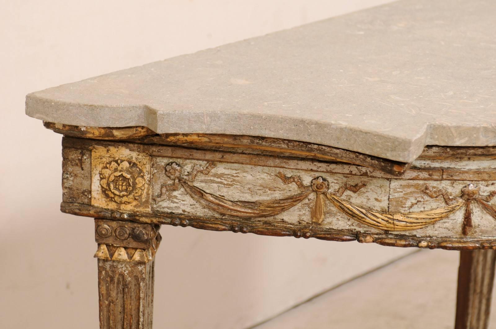 Wood Exquisite Italian 18th Century Giltwood Demilune with Fossilized Granite Top