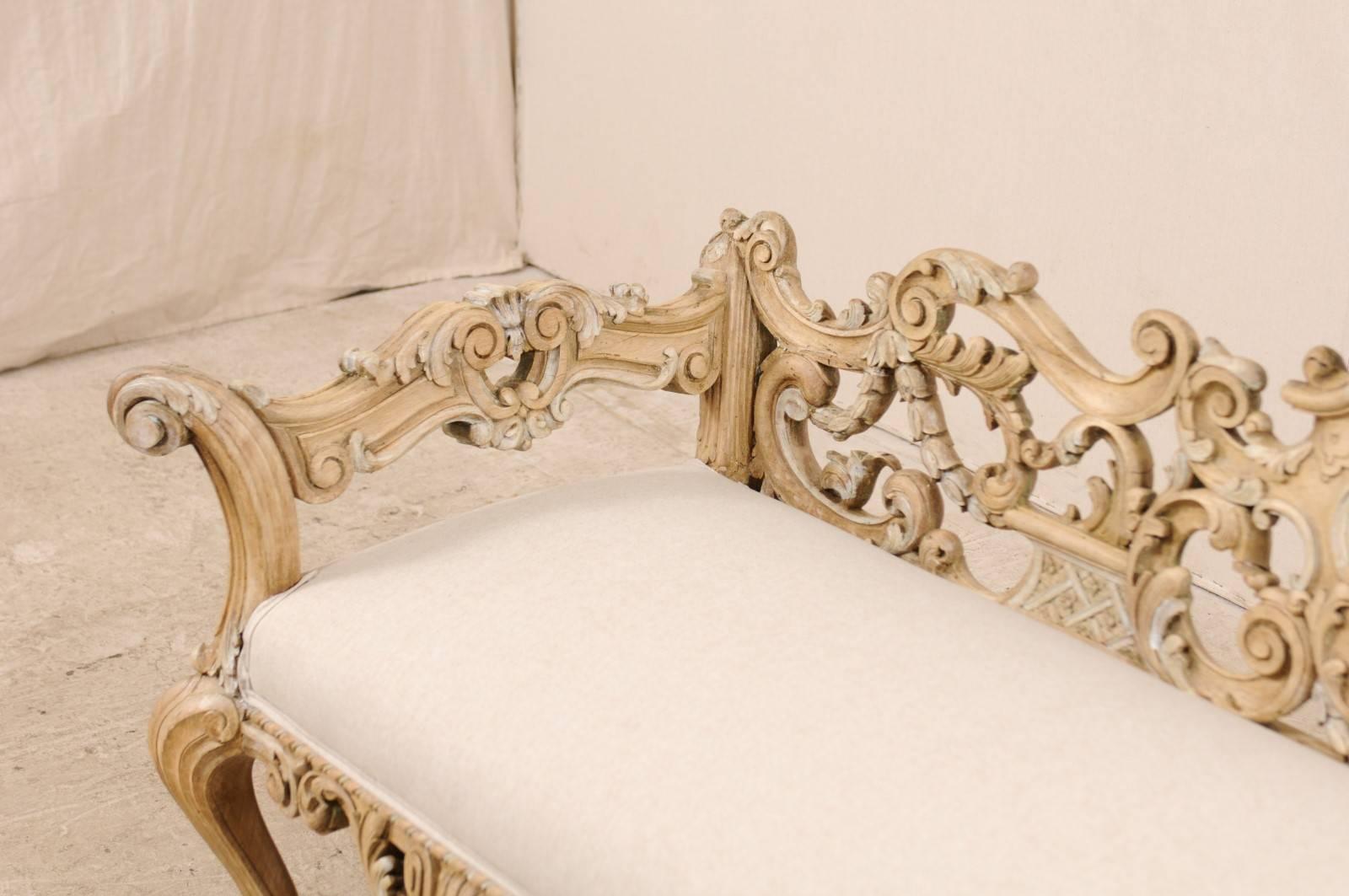 Linen Italian 19th C. Baroque Style Sofa Bench w/ Ornately-Pierce Carved Back & Skirt