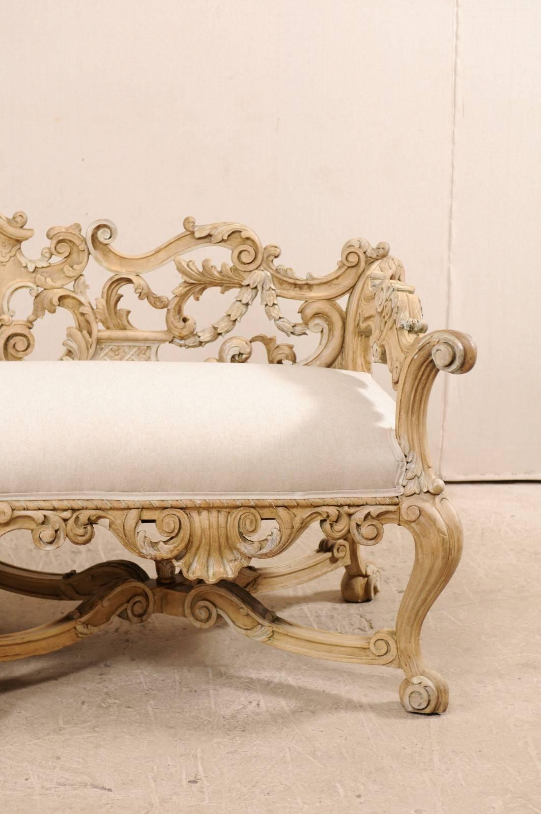 Swedish Italian 19th C. Baroque Style Sofa Bench w/ Ornately-Pierce Carved Back & Skirt