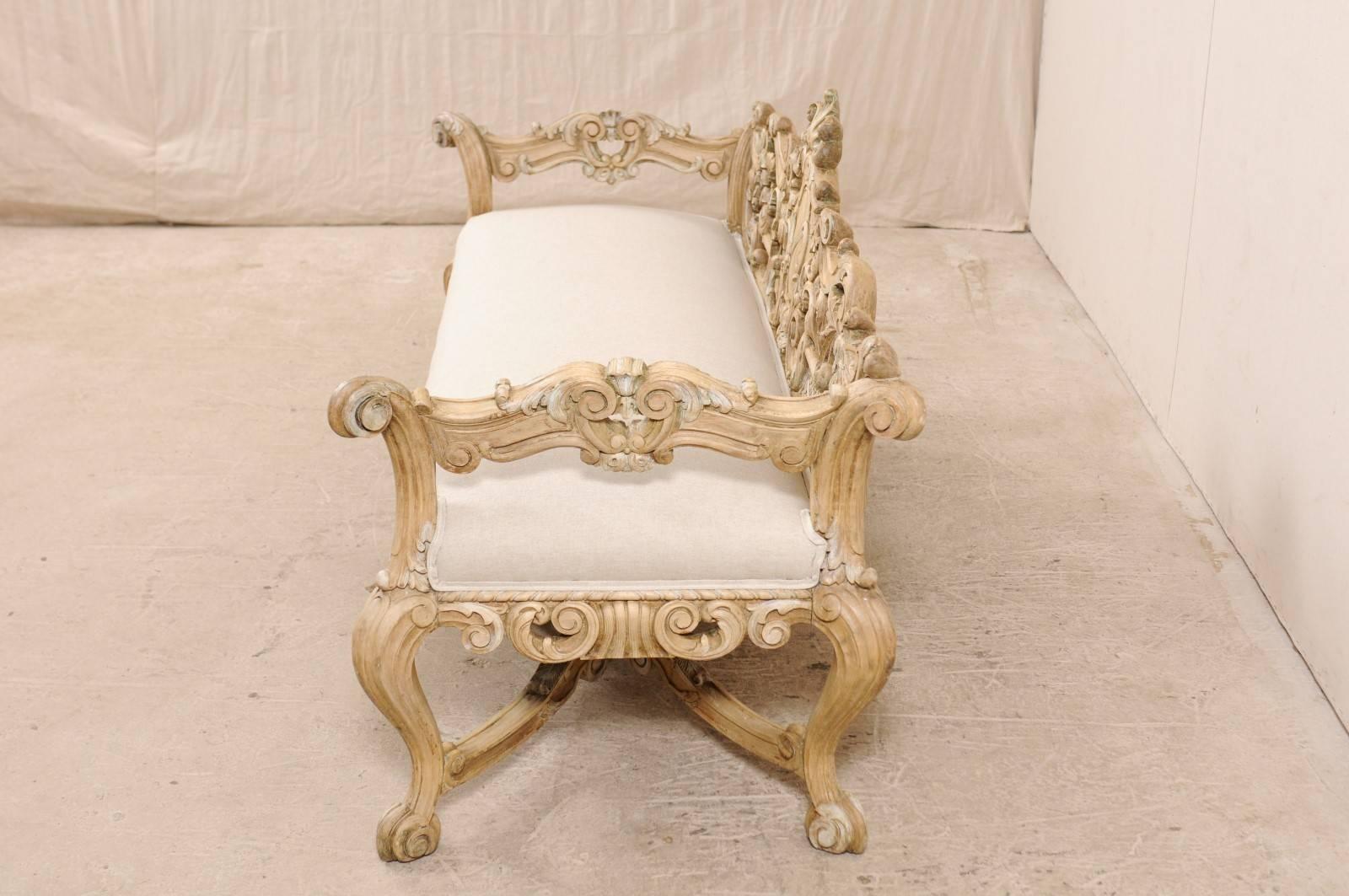 19th Century Italian 19th C. Baroque Style Sofa Bench w/ Ornately-Pierce Carved Back & Skirt