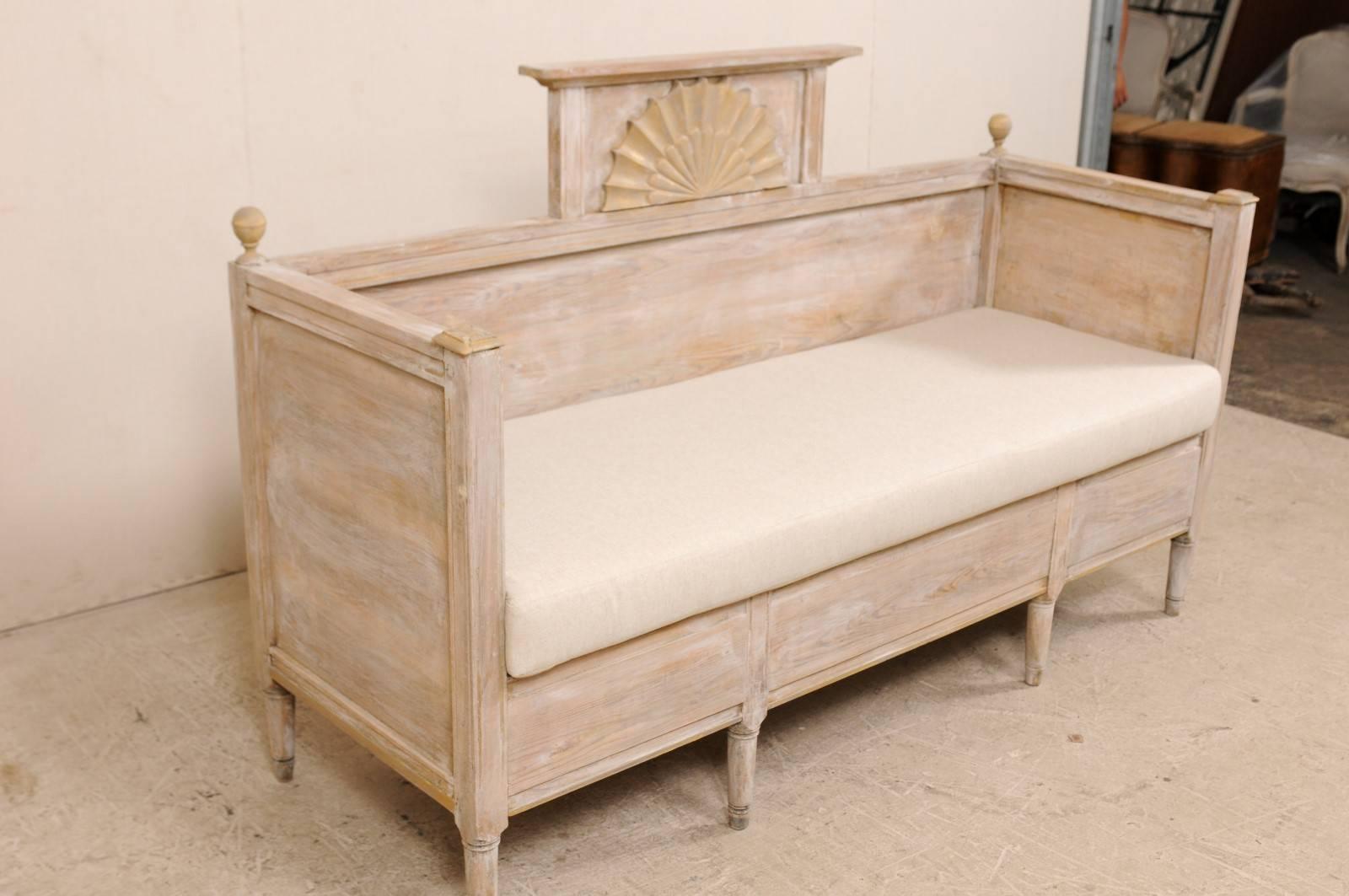 19th Century Early 19th C. Swedish Wooden Sofa Bench w/ Fan-Carved Pediment & Finial Accents