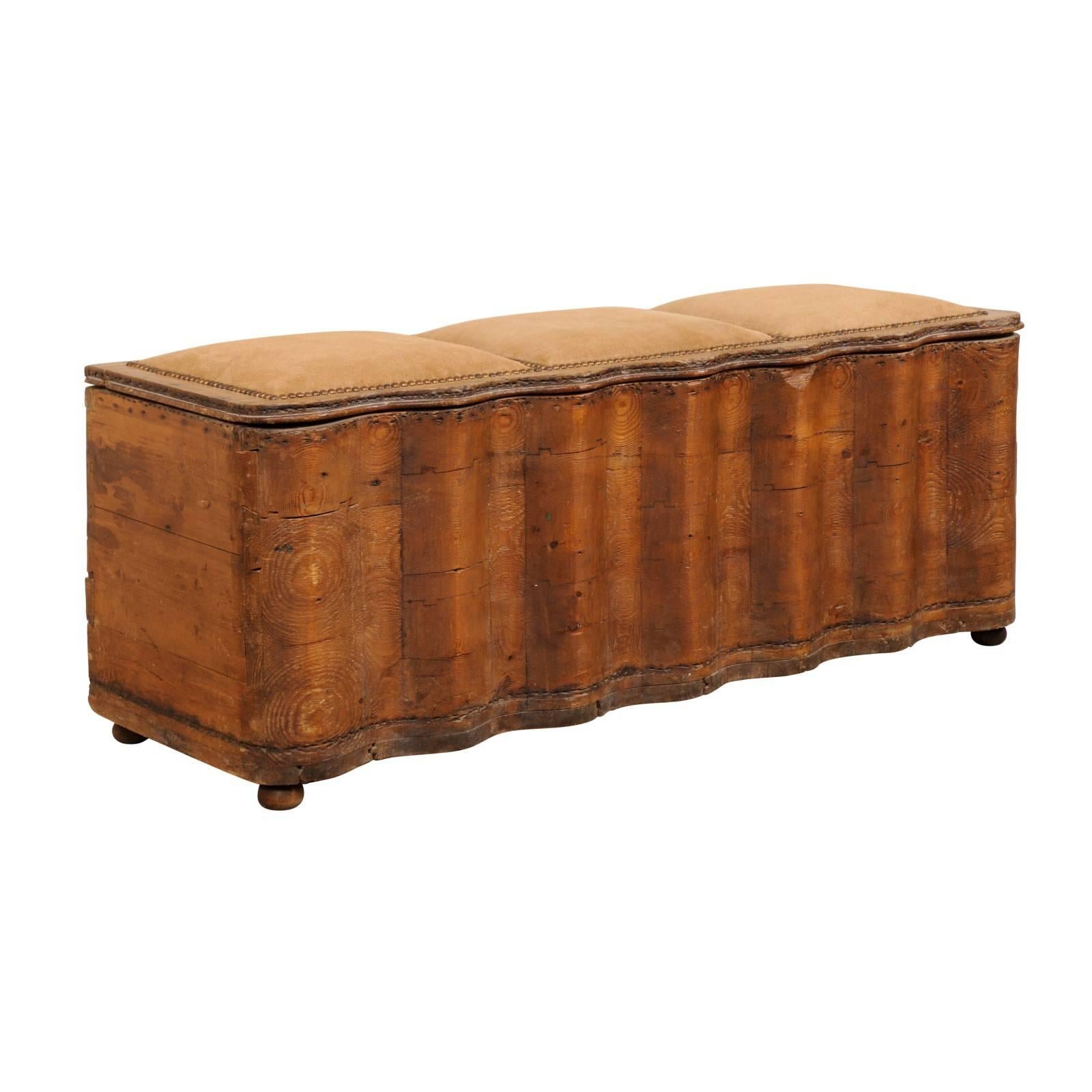 Italian Early 19th Century Undulating Wood Bench with Storage and Suede Top