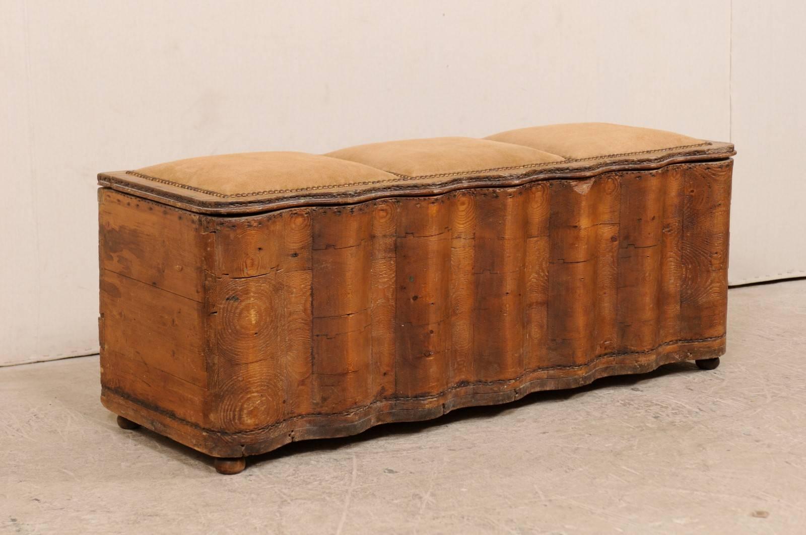 Carved Italian Early 19th Century Undulating Wood Bench with Storage and Suede Top