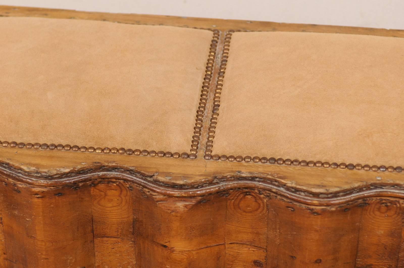 Italian Early 19th Century Undulating Wood Bench with Storage and Suede Top 1