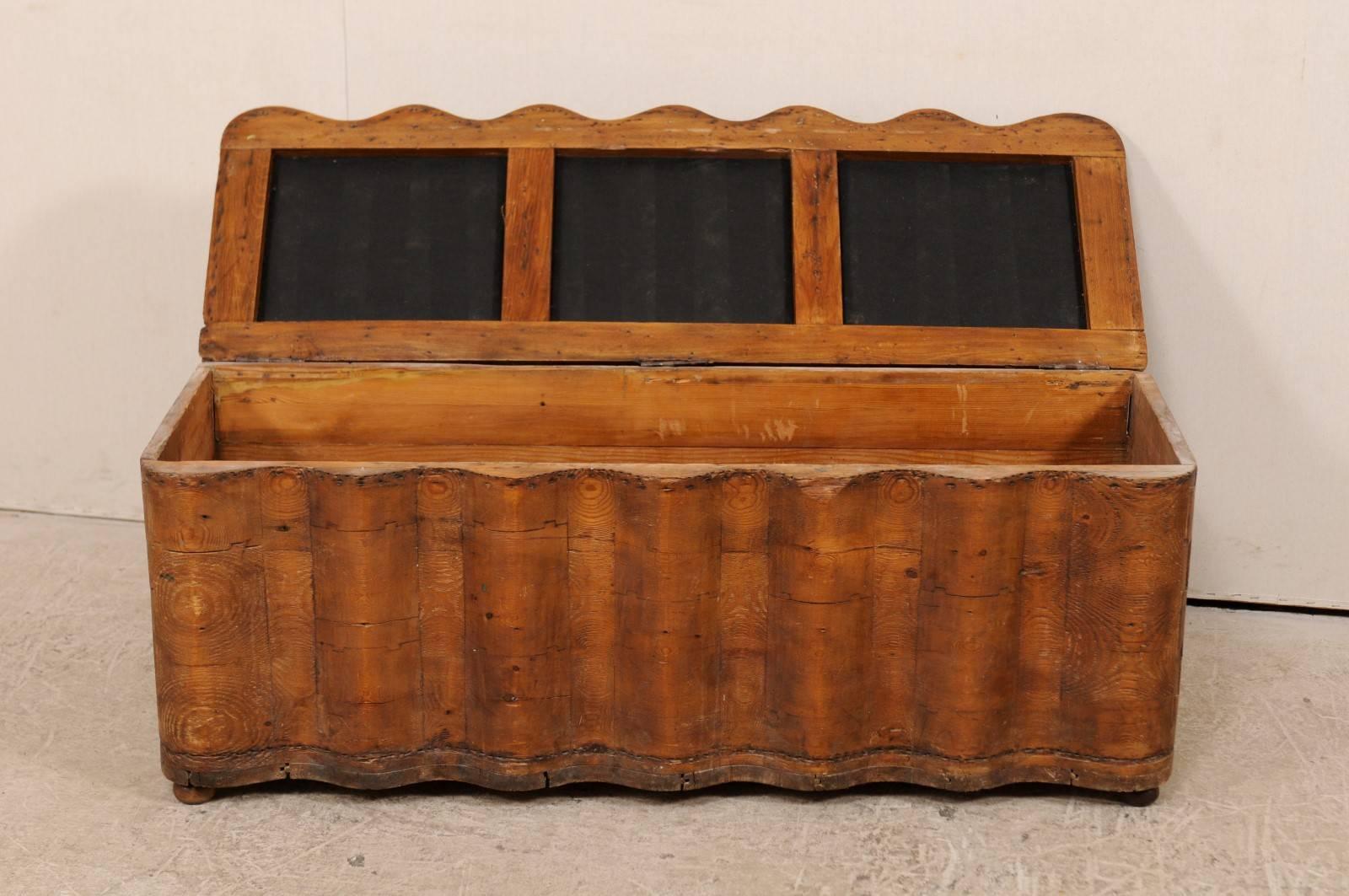 Italian Early 19th Century Undulating Wood Bench with Storage and Suede Top 2