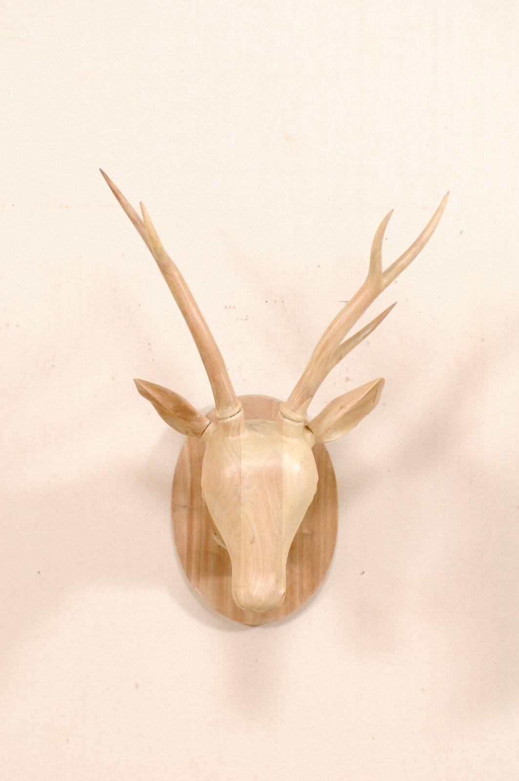 Pair of Carved and Bleached Wood Deer Heads with Oval Back-Plates 2