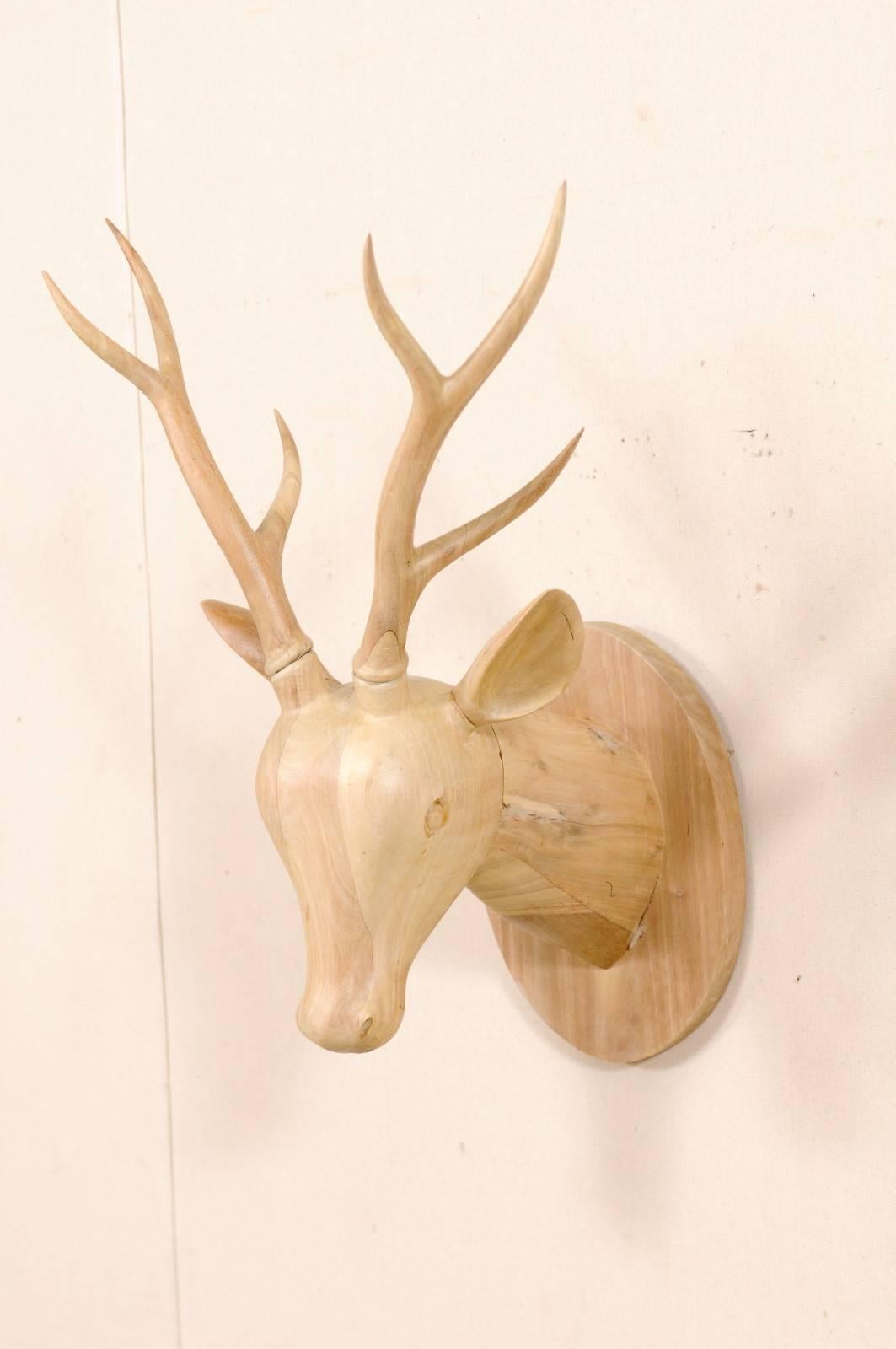 Contemporary Pair of Carved and Bleached Wood Deer Heads with Oval Back-Plates
