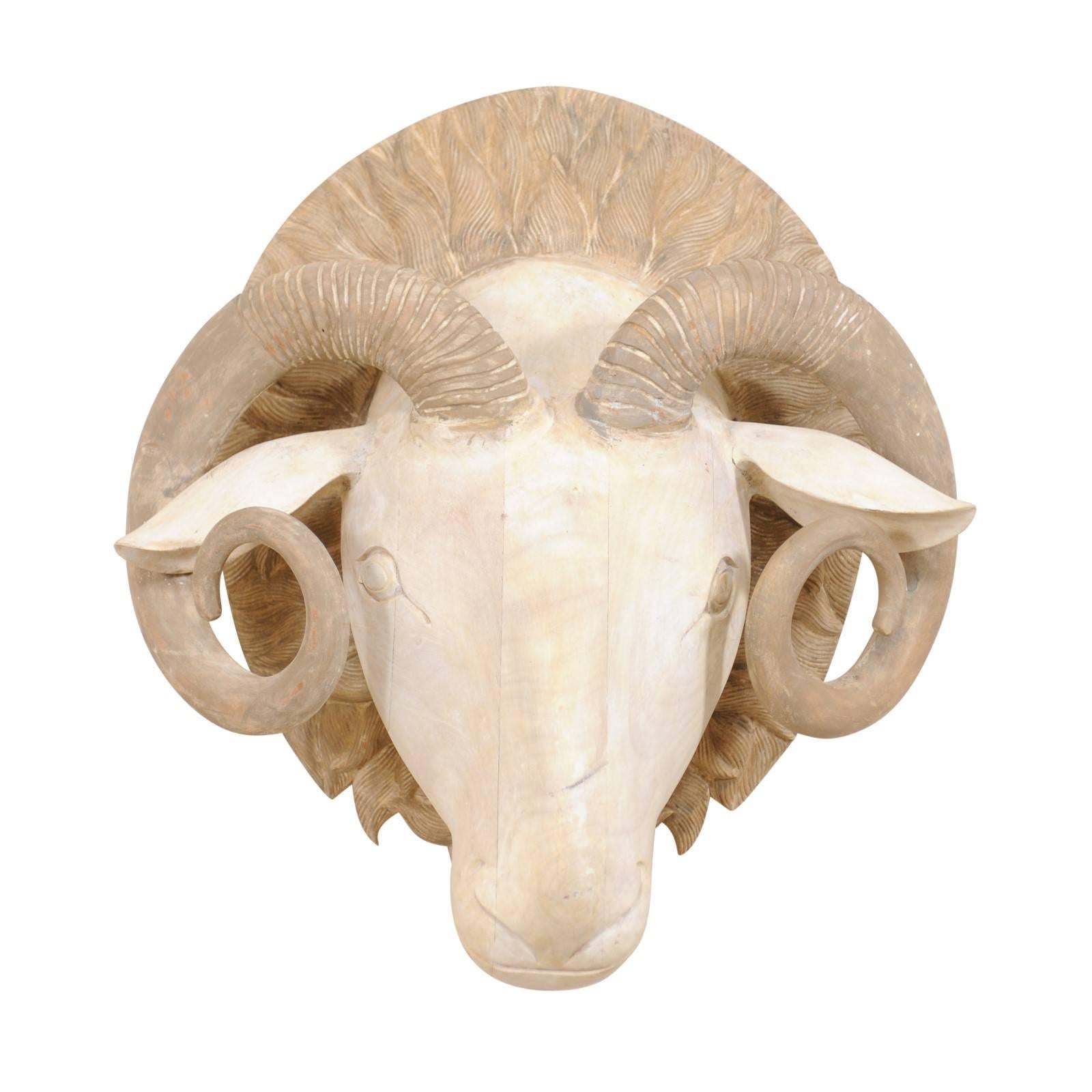 Carved and Painted Wood Ram's Head Wall-Mounted Sculpture