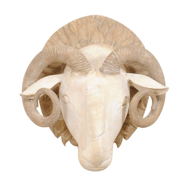 Carved and Painted Wood Ram's Head WallMounted Sculpture at 1stDibs