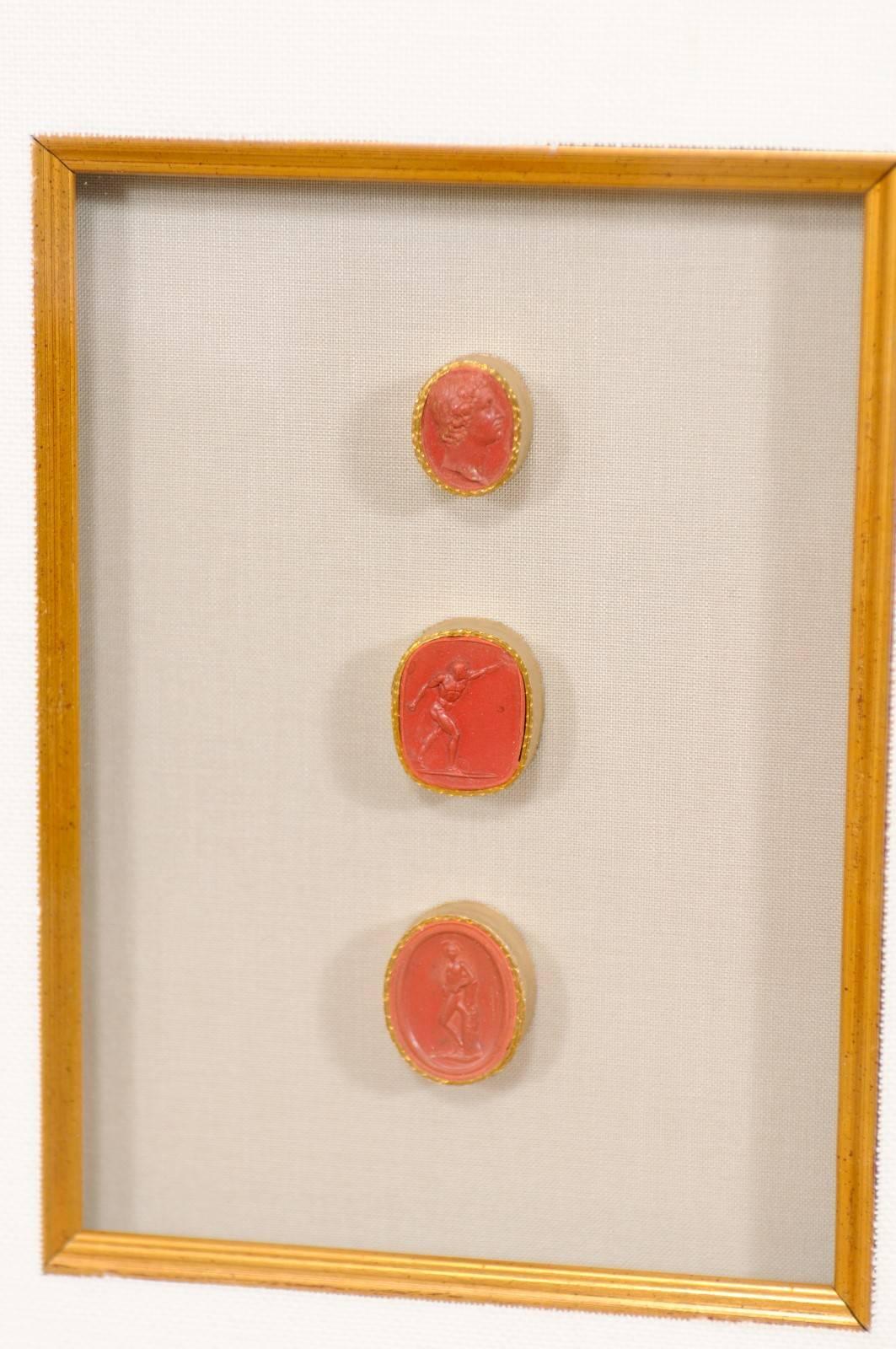 20th Century Pair of Framed Wall Decorations Featuring Rare, Red Antique Italian Intaglios
