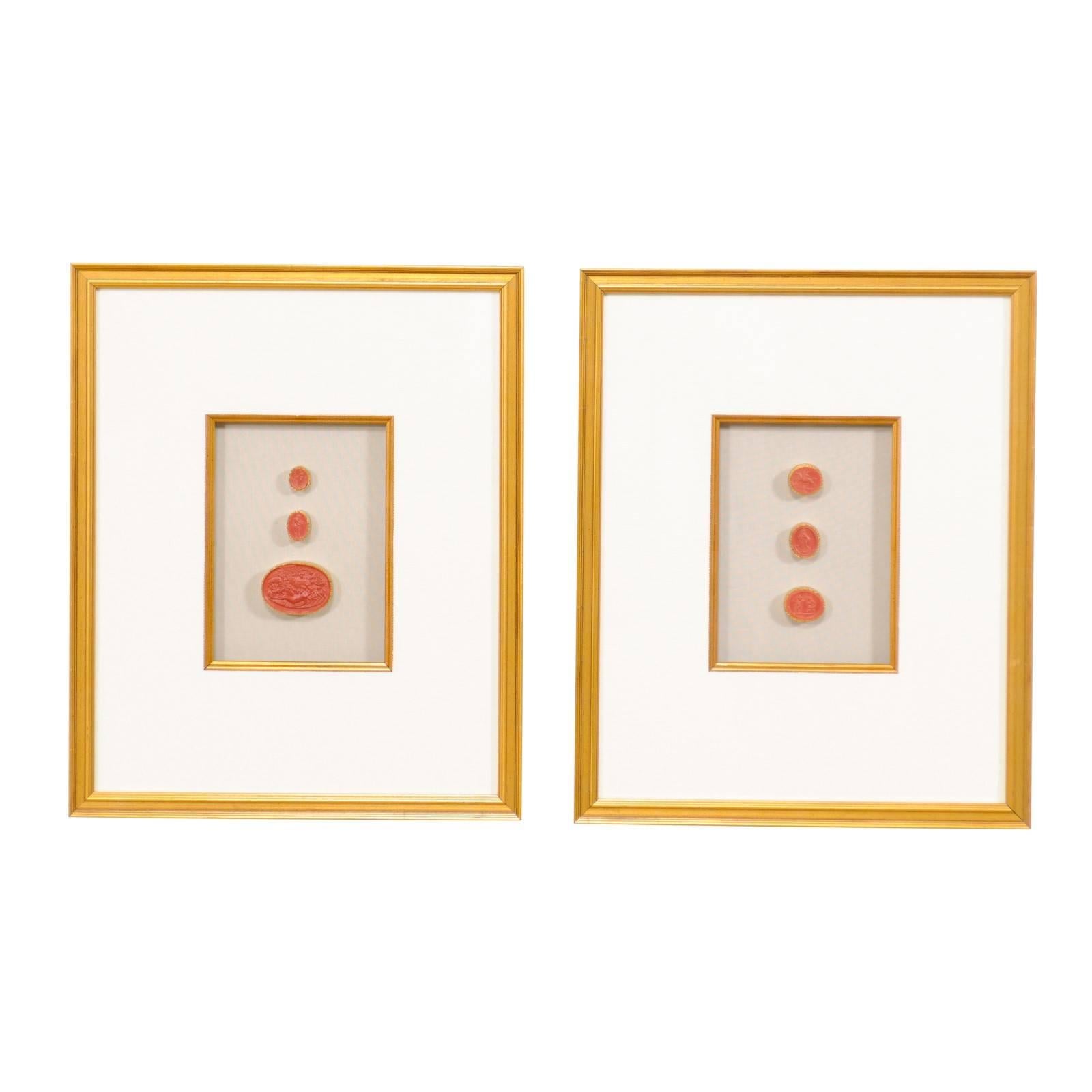 Rare Italian Red Intaglios Mounted in a Pair of Painted Gold Frames