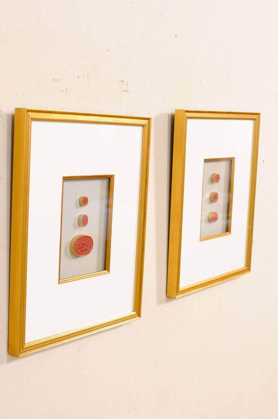 Rare Italian Red Intaglios Mounted in a Pair of Painted Gold Frames 3