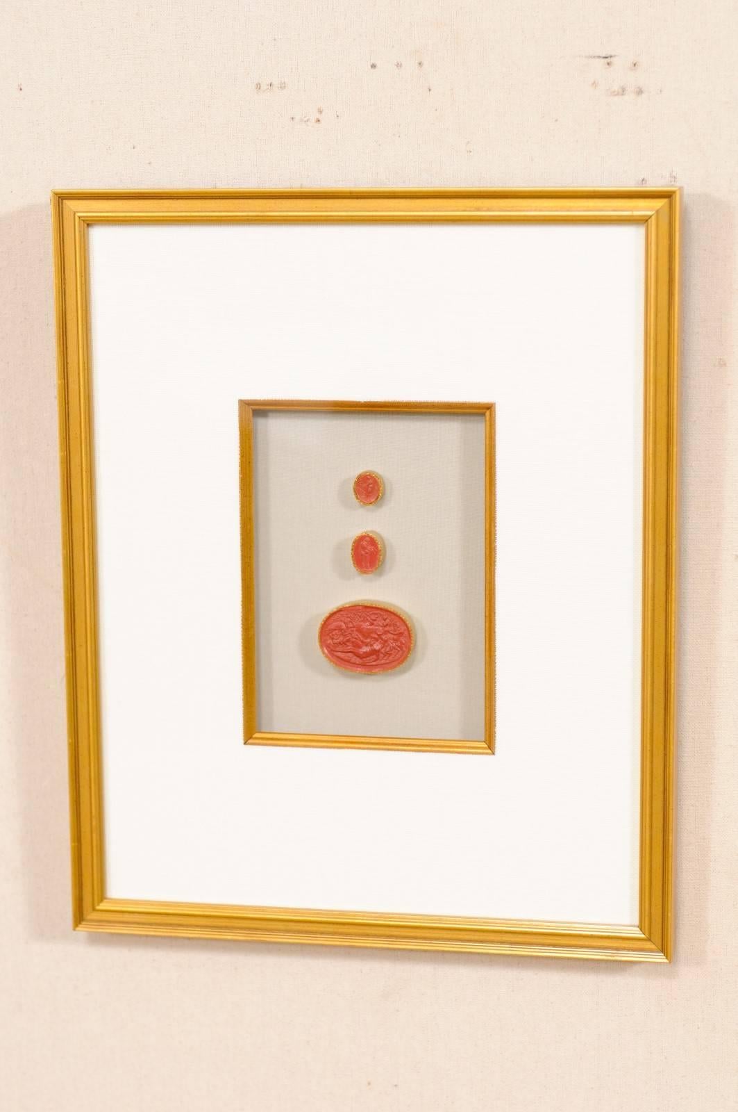 Neoclassical Rare Italian Red Intaglios Mounted in a Pair of Painted Gold Frames