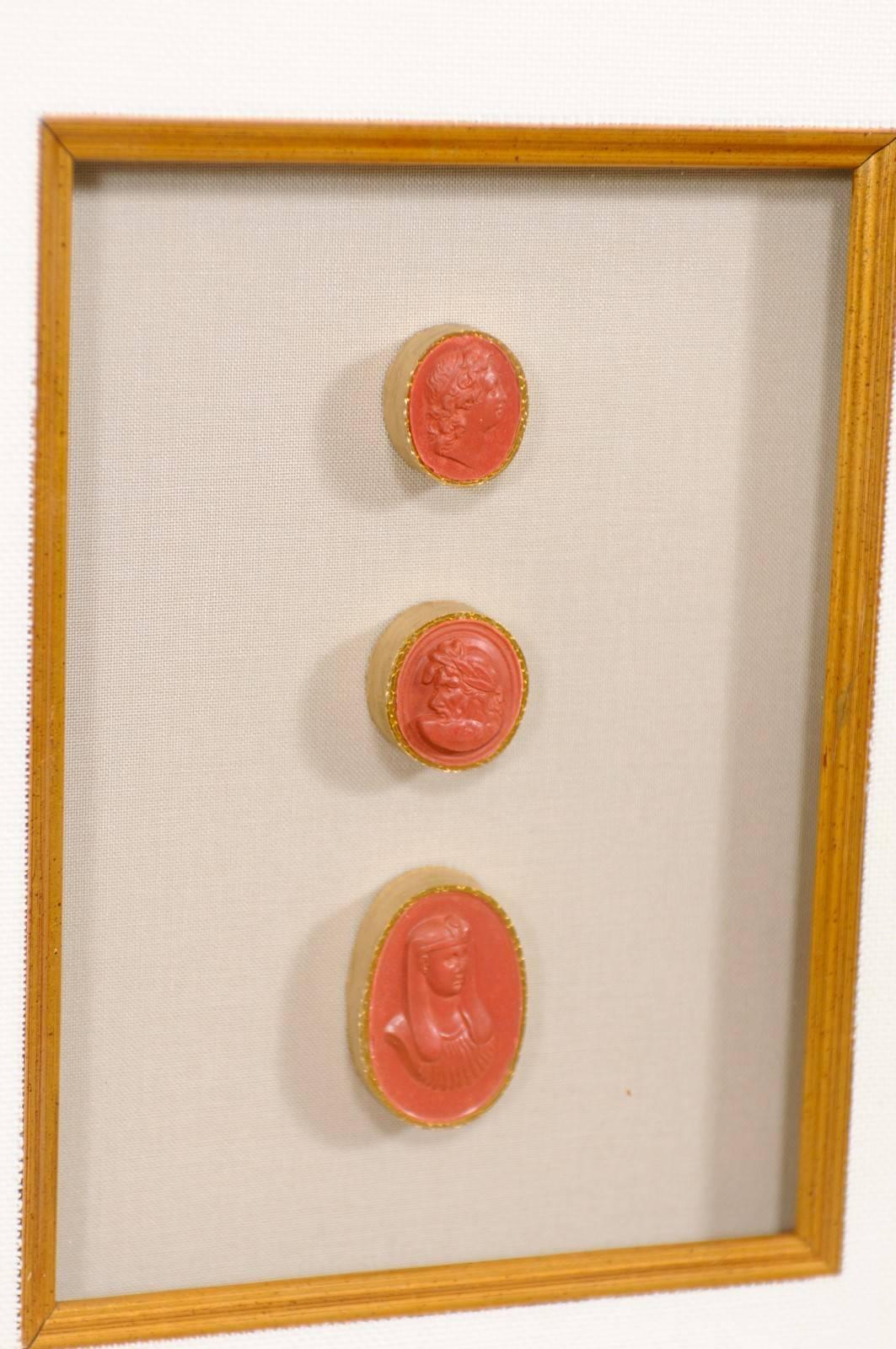 Rare Italian Early 20th Century Red Intaglios Set into a Pair of Gold Frames In Good Condition In Atlanta, GA
