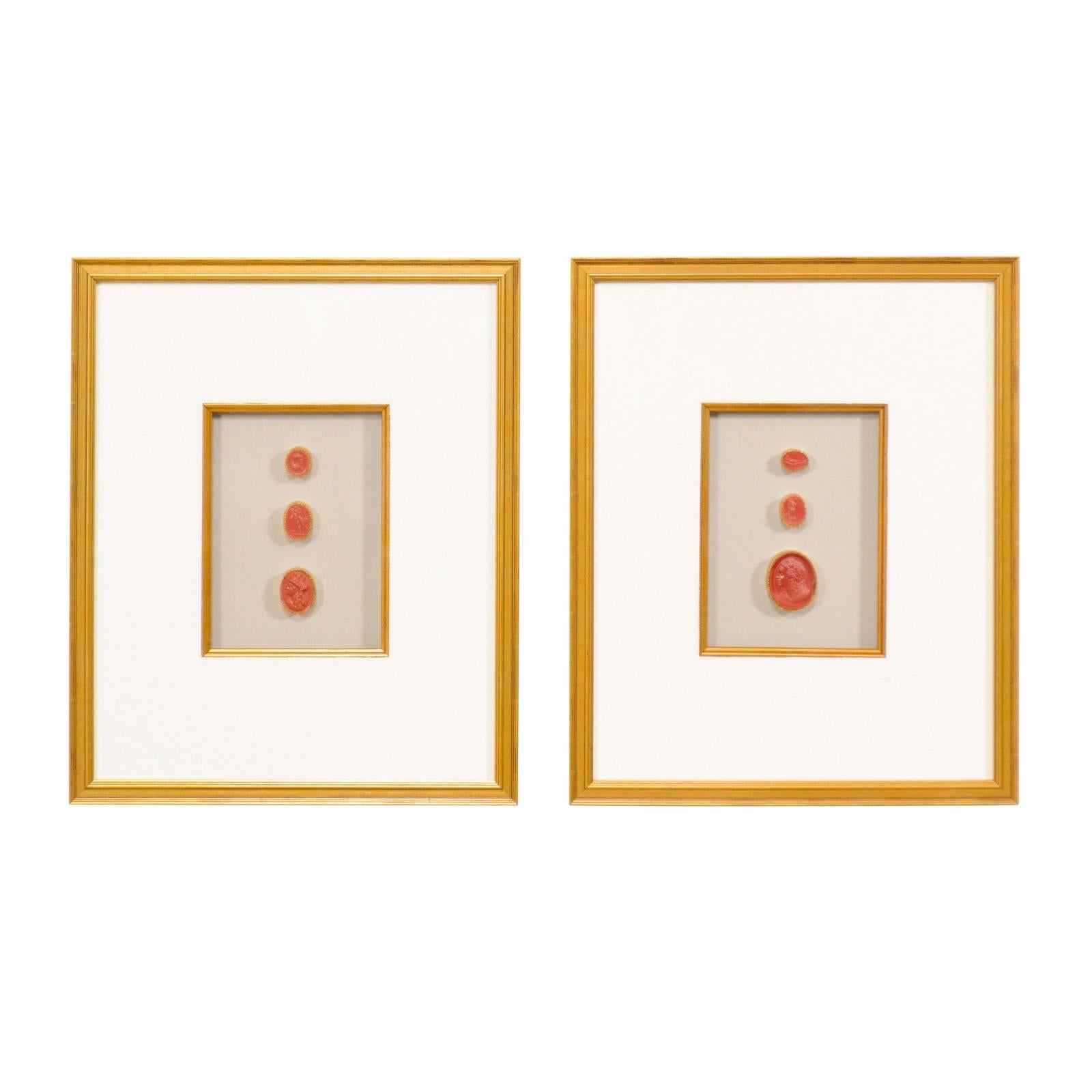 Rare Italian Early 20th Century Red Intaglios Set into a Pair of Gold Frames