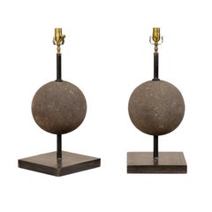 Pair of Vintage European Stone Sphere Table Lamps on Sleek Iron Bases