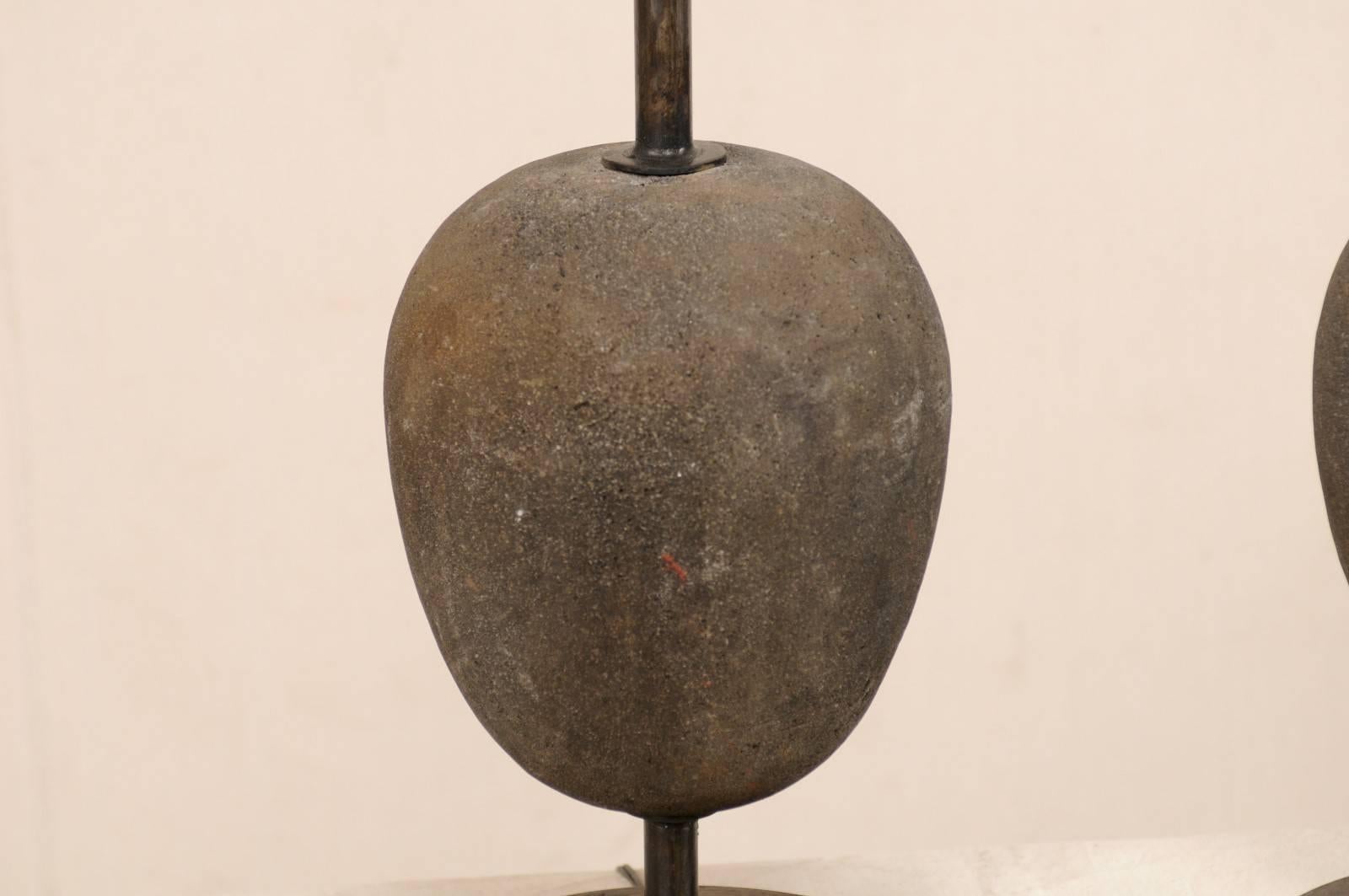 20th Century Pair of Vintage European Egg-Shaped Stone and Iron Table Lamps