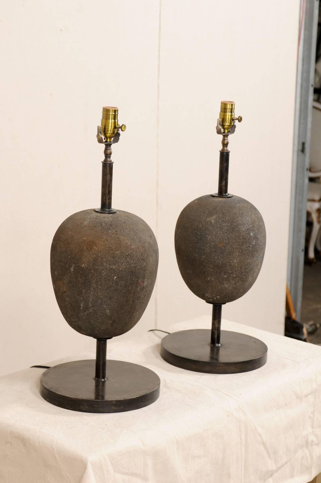 Patinated Pair of Vintage European Egg-Shaped Stone and Iron Table Lamps