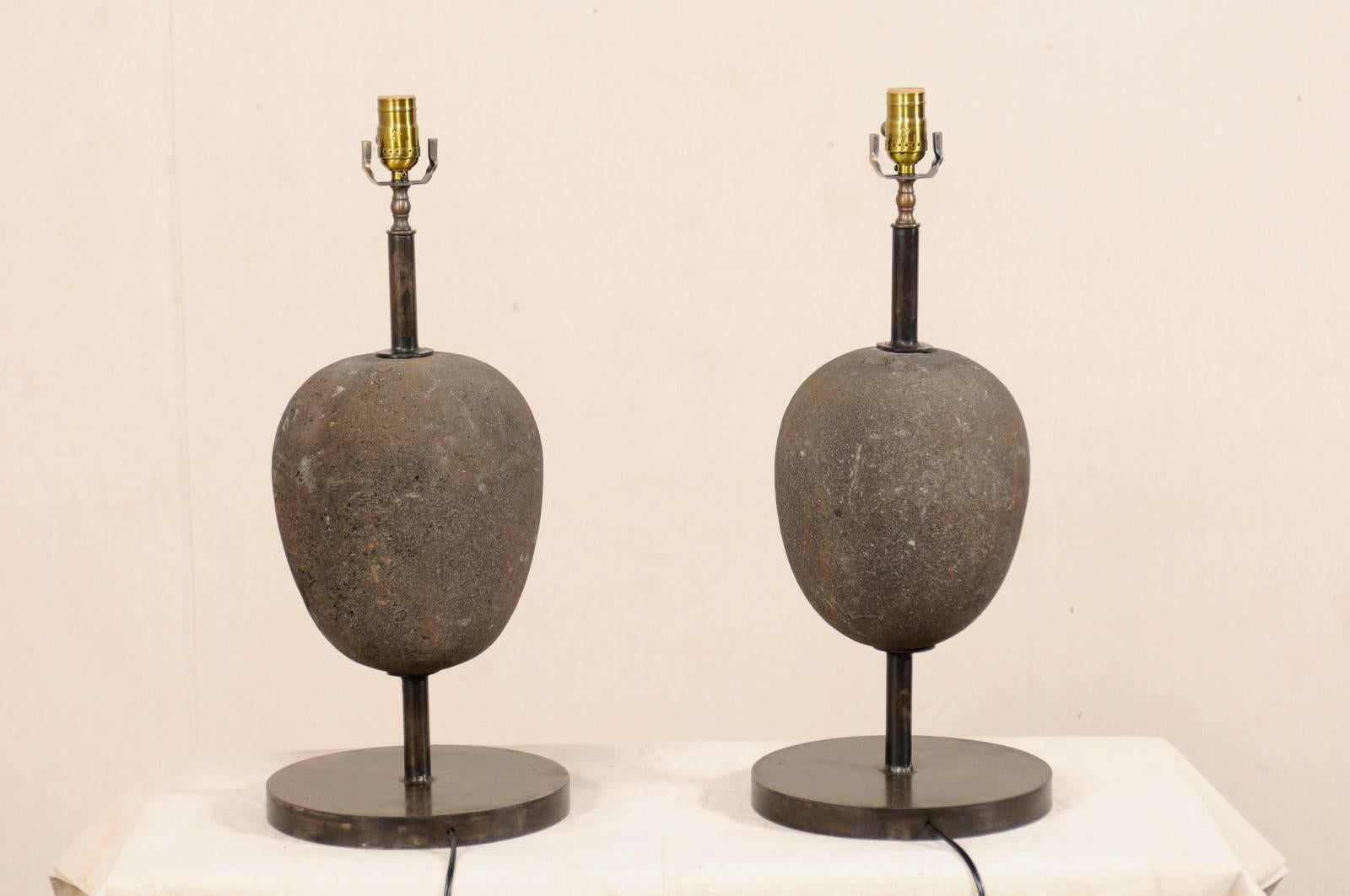 Pair of Vintage European Egg-Shaped Stone and Iron Table Lamps 2