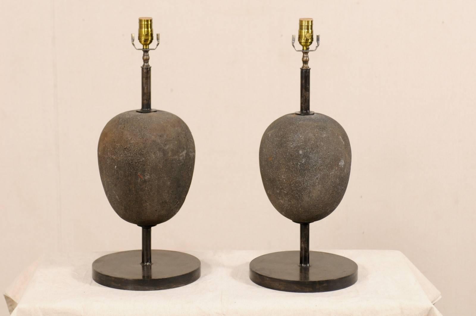 Pair of Vintage European Egg-Shaped Stone and Iron Table Lamps 3