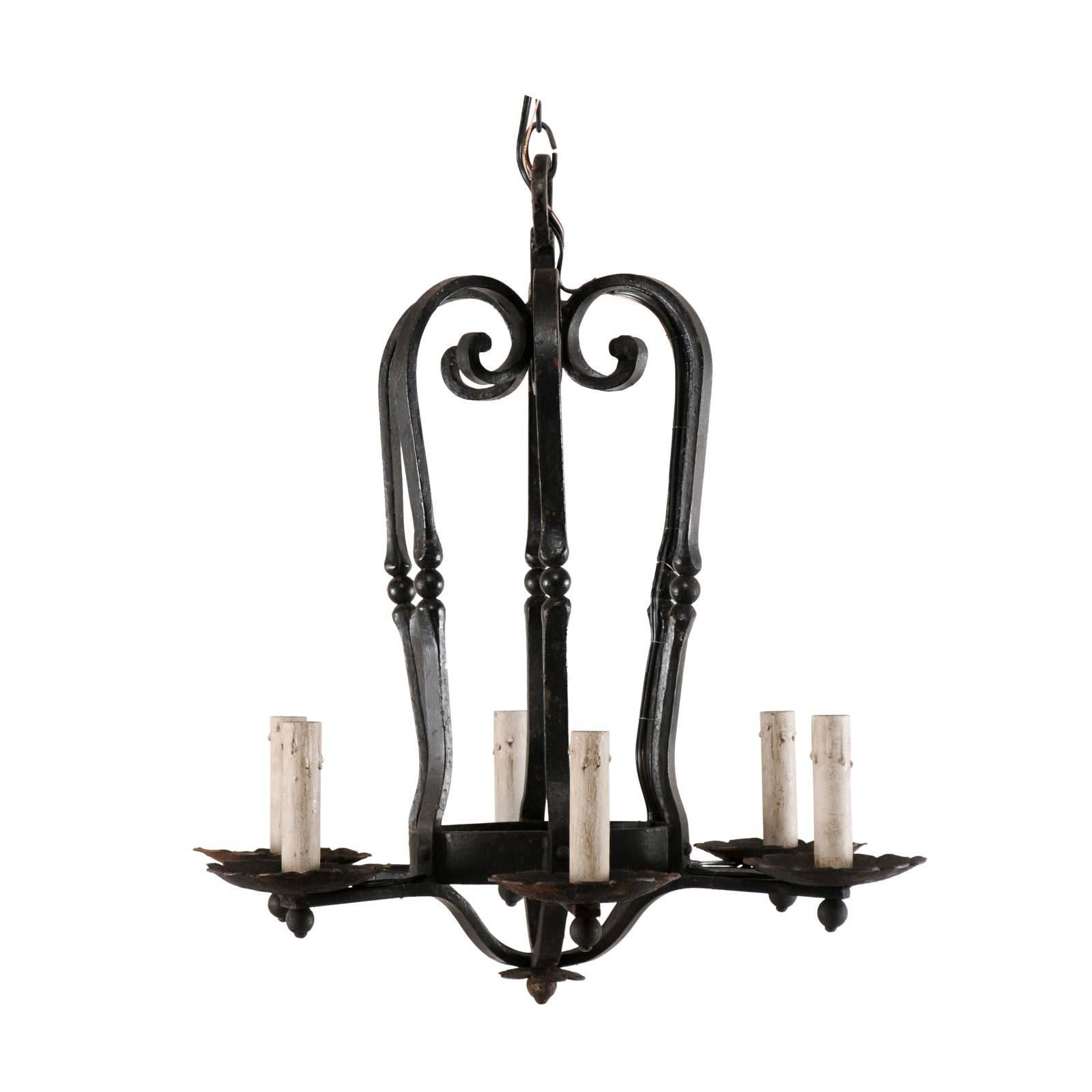 An Elegant French Six Light Scrolling Black Forged-Iron Chandelier, Rewired
