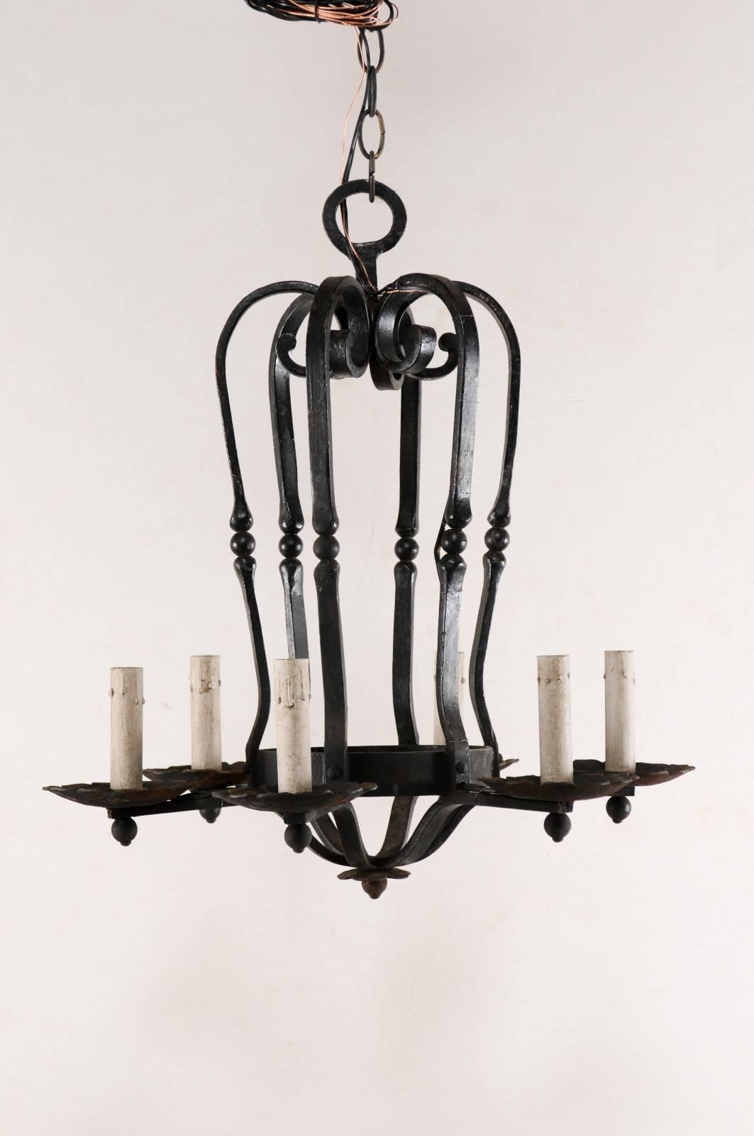 An Elegant French Six Light Scrolling Black Forged-Iron Chandelier, Rewired For Sale 2