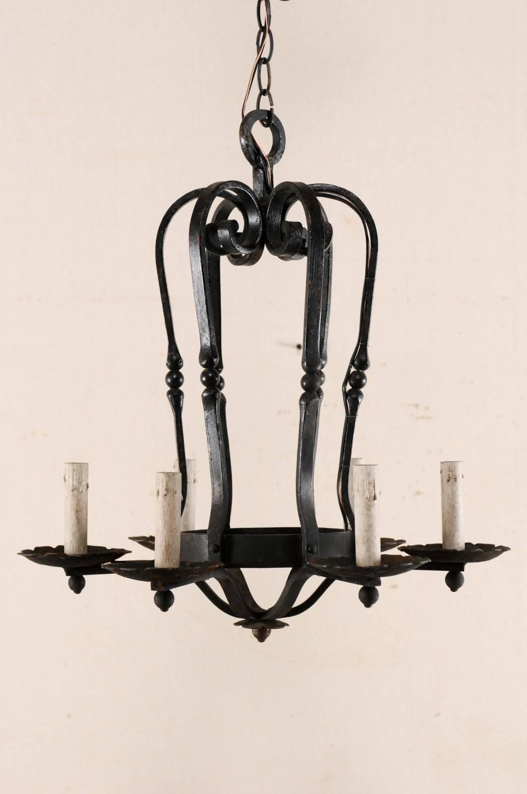 An Elegant French Six Light Scrolling Black Forged-Iron Chandelier, Rewired For Sale 3