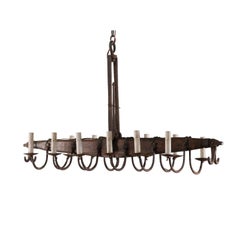 French Linear 12-Light Iron Chandelier with Swag Arms, Mid 20th Century 