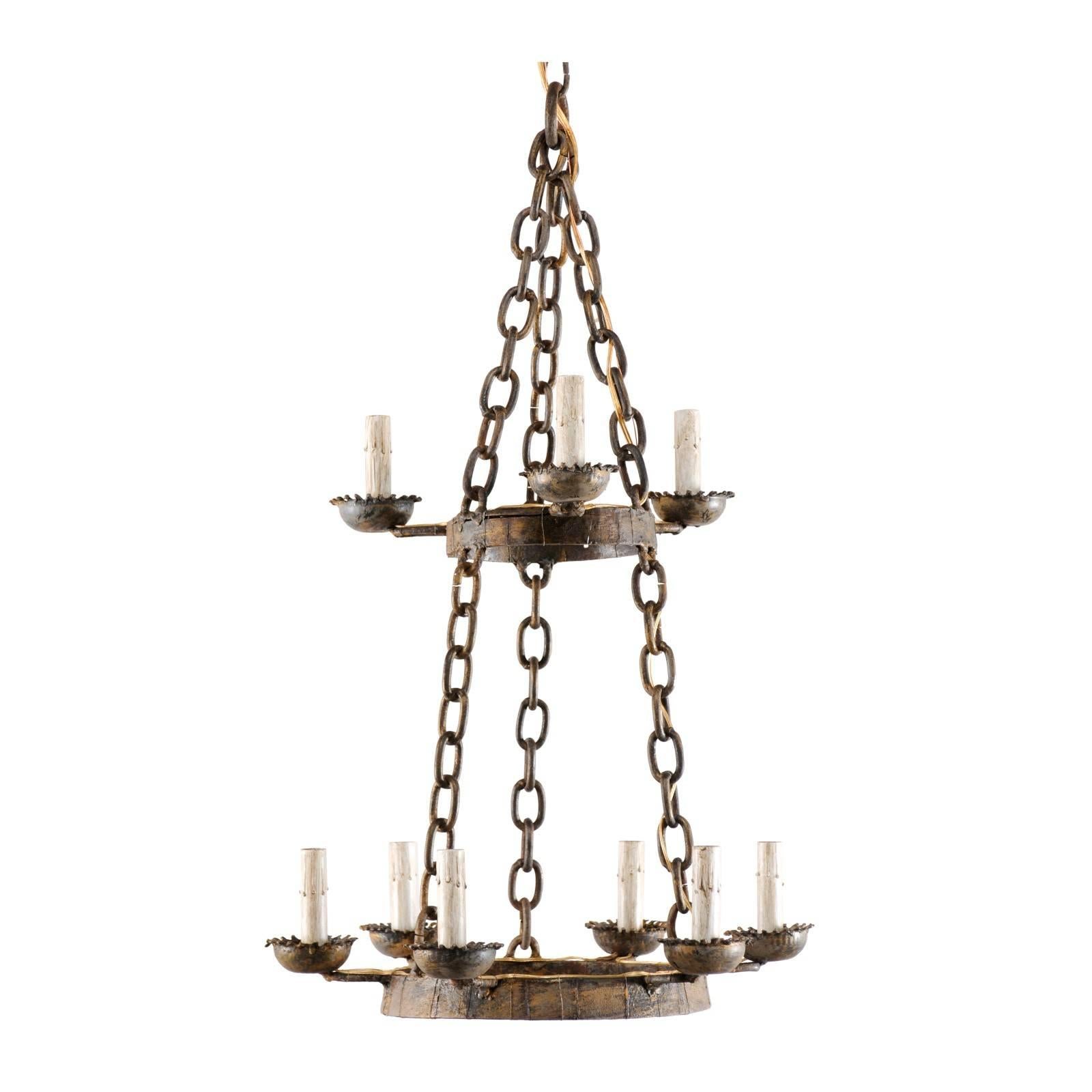 French Vintage Nine-Light Two-Tiered, Stacked Iron Ring-Shaped Chandelier
