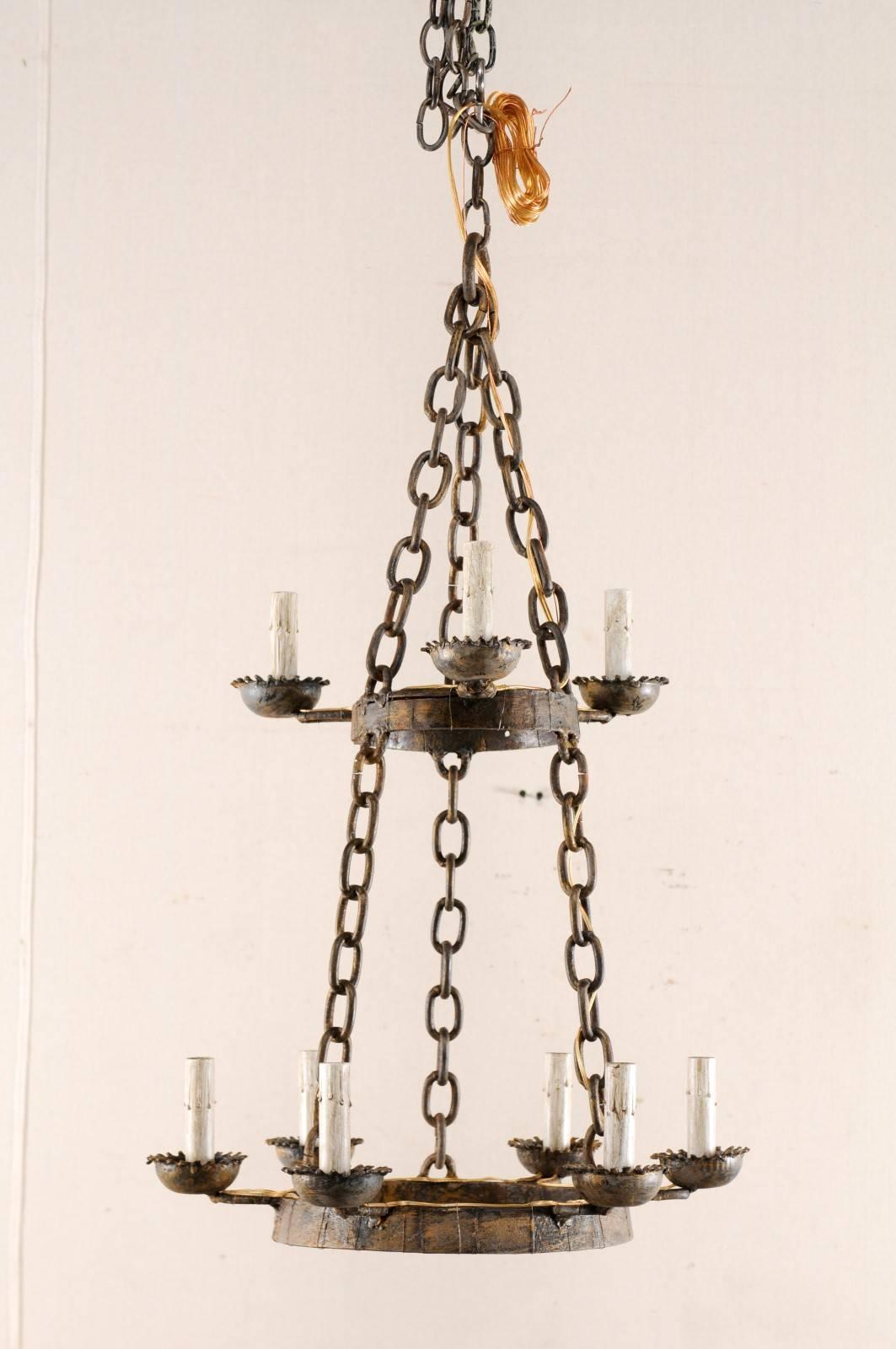 20th Century French Vintage Nine-Light Two-Tiered, Stacked Iron Ring-Shaped Chandelier