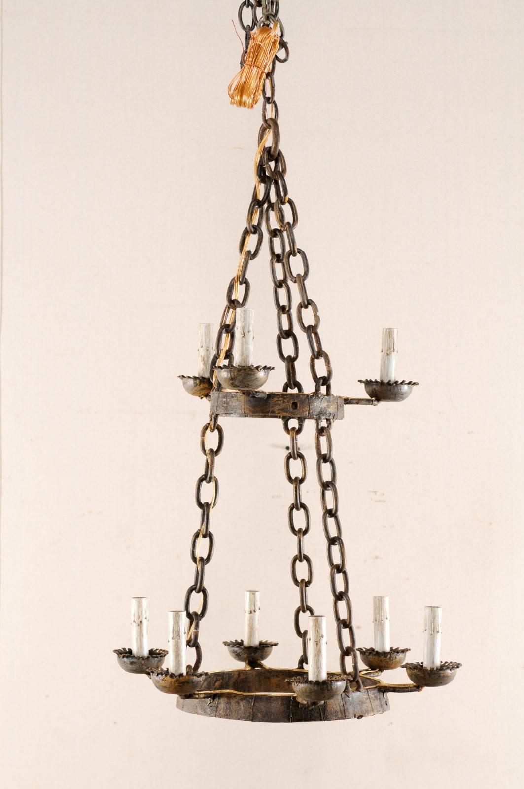 Painted French Vintage Nine-Light Two-Tiered, Stacked Iron Ring-Shaped Chandelier