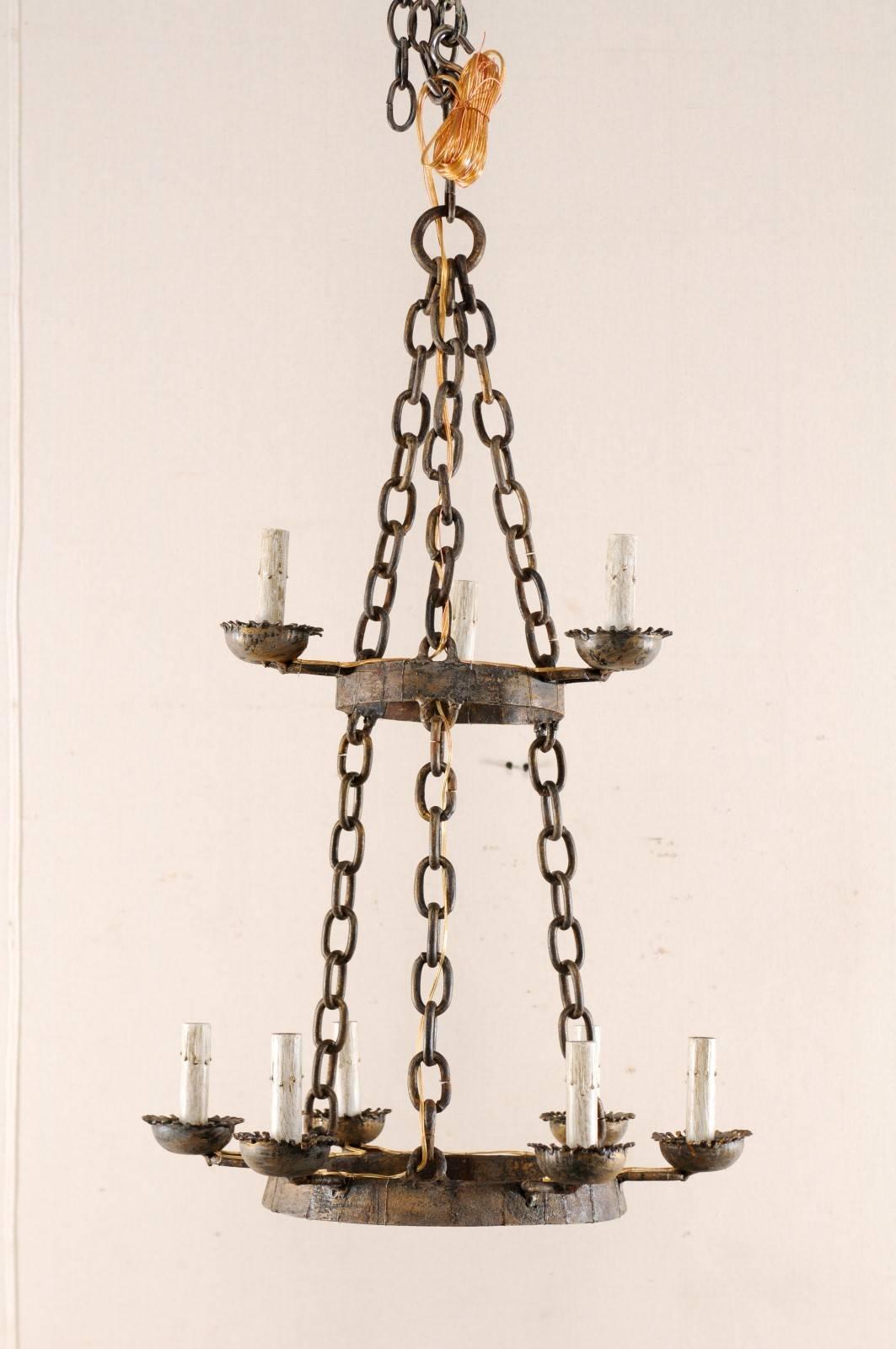 French Vintage Nine-Light Two-Tiered, Stacked Iron Ring-Shaped Chandelier In Good Condition In Atlanta, GA