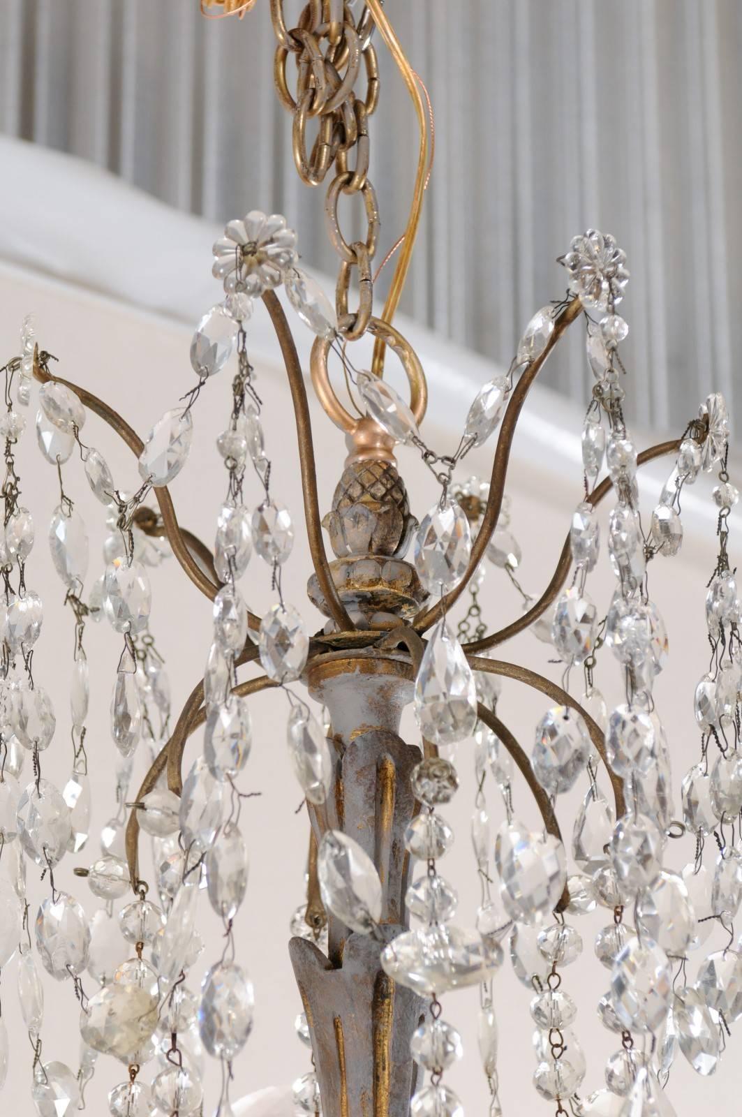 Metal Italian Antique Crystal Six-Light Chandelier, Painted with Gilt Accents