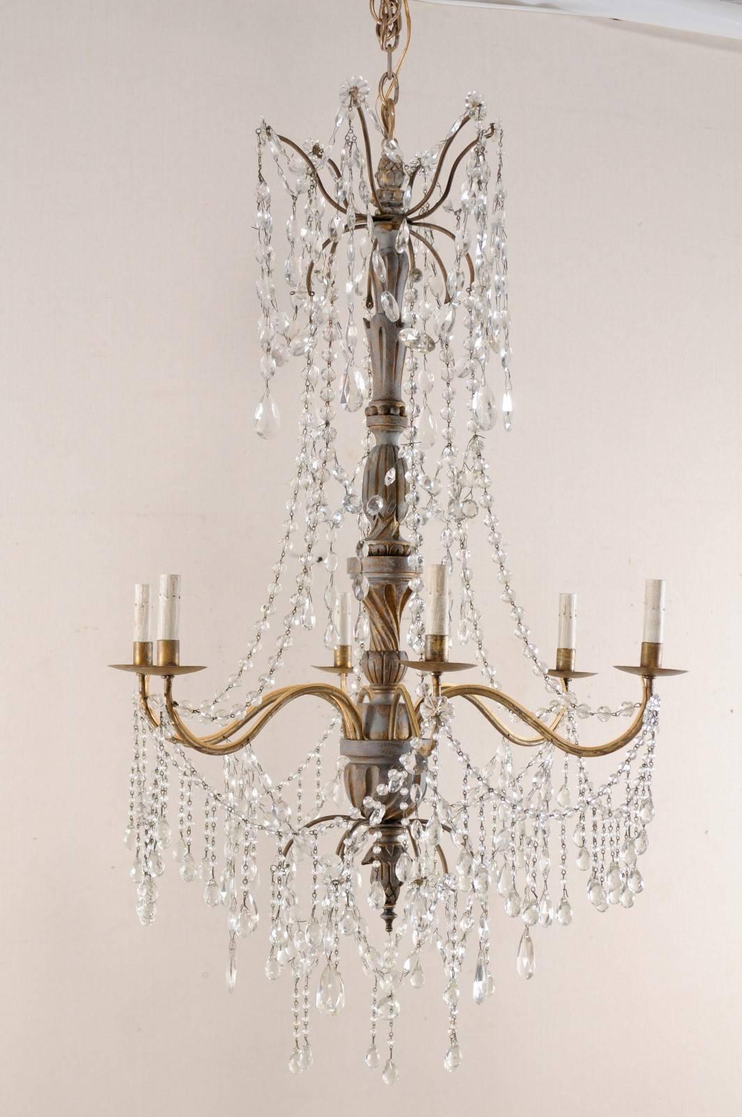 Carved Italian Antique Crystal Six-Light Chandelier, Painted with Gilt Accents