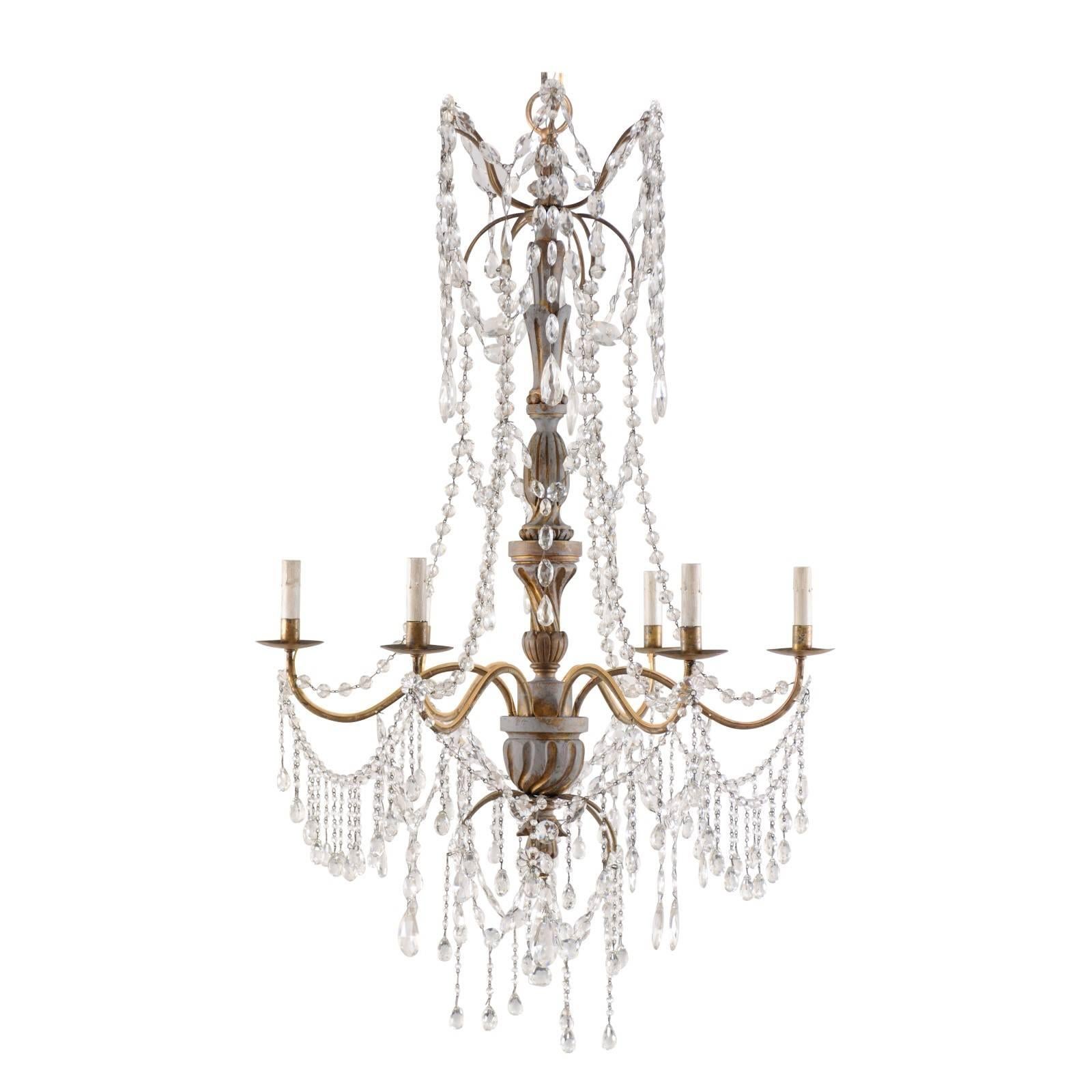Italian Antique Crystal Six-Light Chandelier, Painted with Gilt Accents