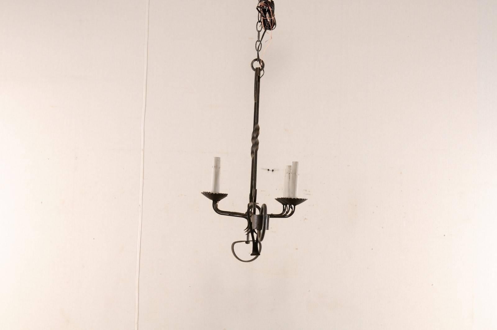 Rustic French Midcentury Six-Light Forged Iron Chandelier, 19th Century Spit Jack For Sale