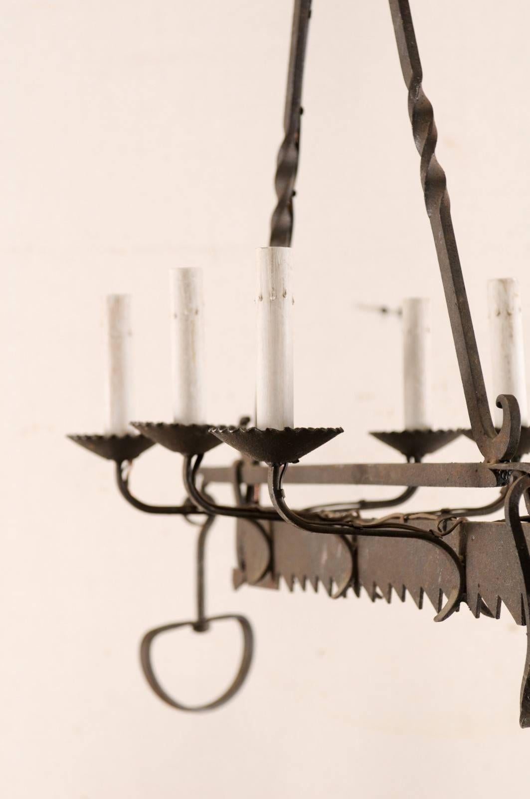 French Midcentury Six-Light Forged Iron Chandelier, 19th Century Spit Jack For Sale 1