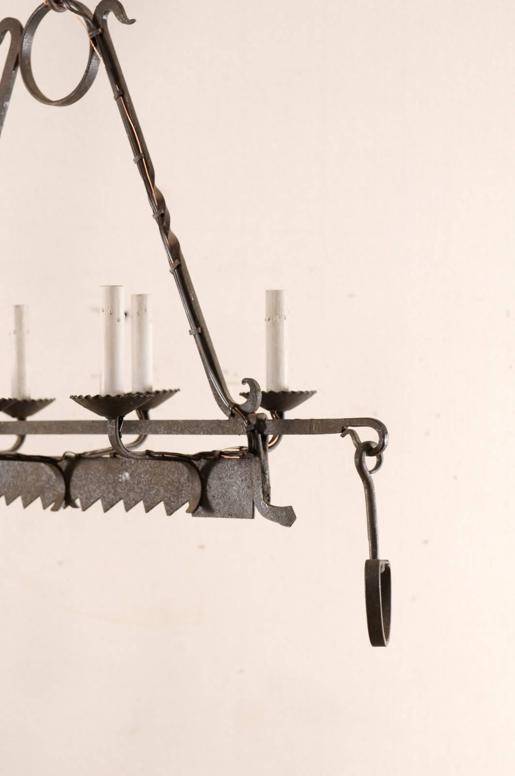 French Midcentury Six-Light Forged Iron Chandelier, 19th Century Spit Jack For Sale 2