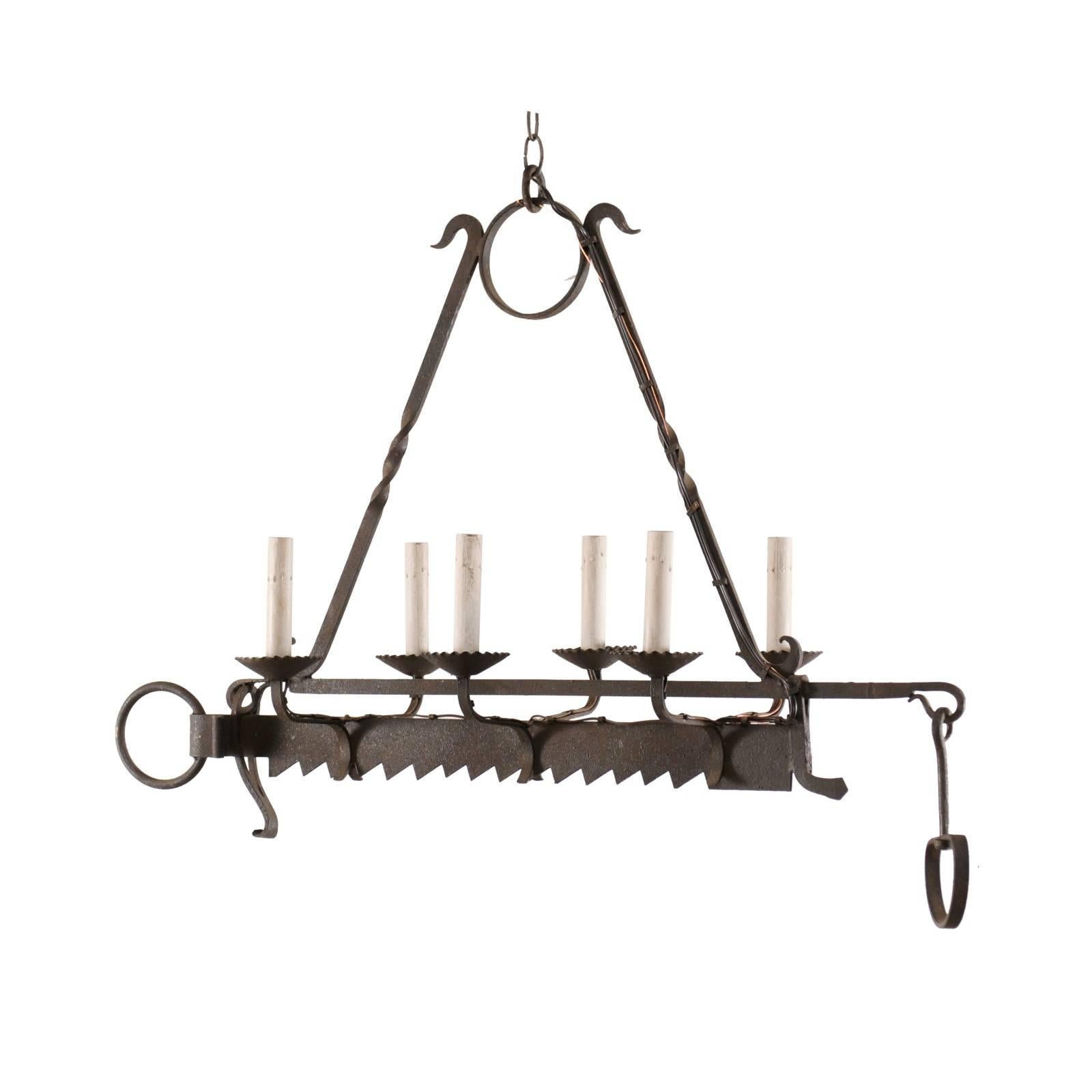 French Midcentury Six-Light Forged Iron Chandelier, 19th Century Spit Jack For Sale