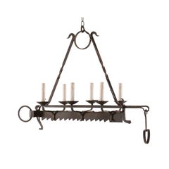 French Midcentury Six-Light Forged Iron Chandelier, 19th Century Spit Jack