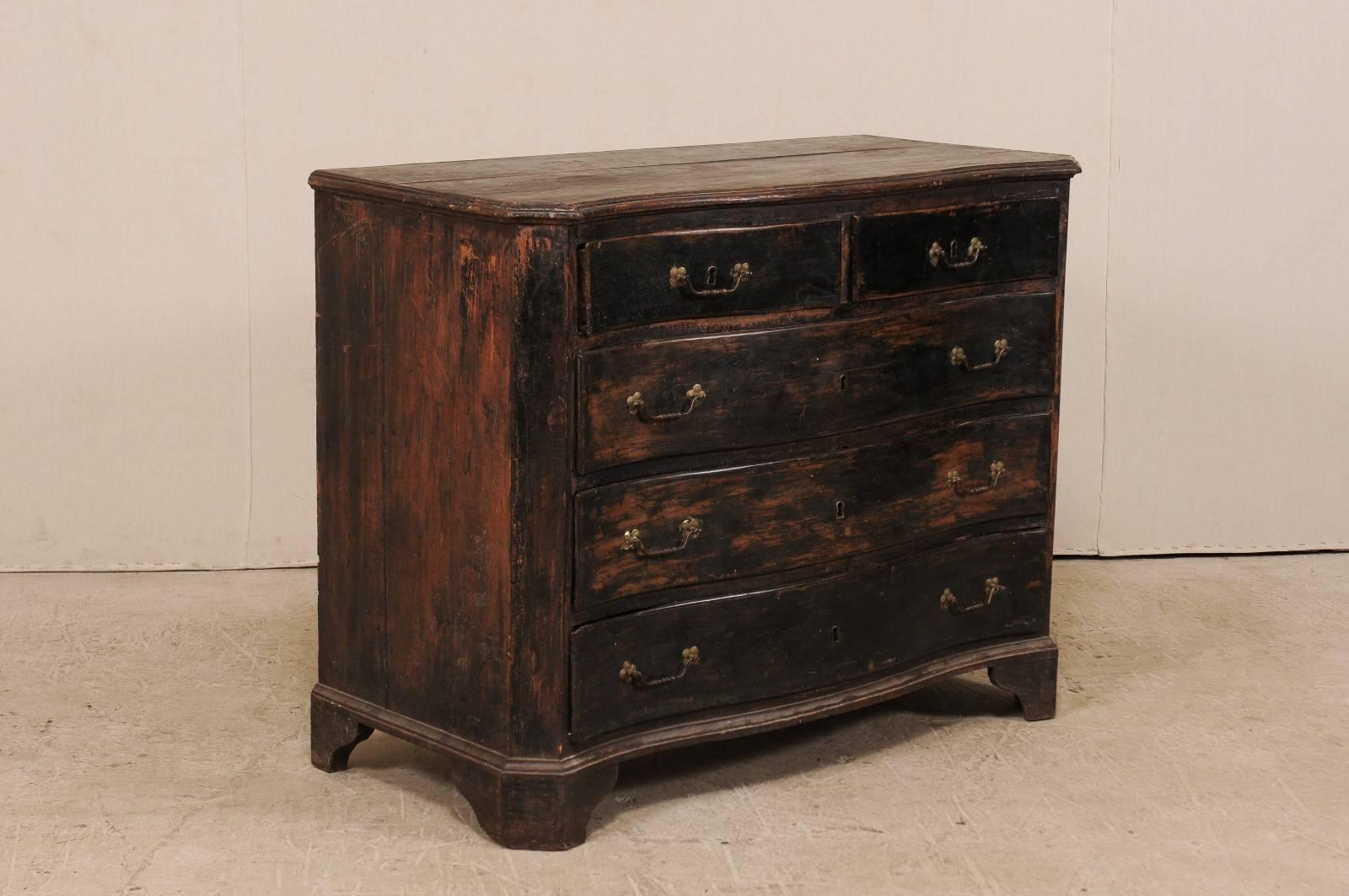 Carved 18th Century Italian Five-Drawer Wood Chest in Rich Dark Brown